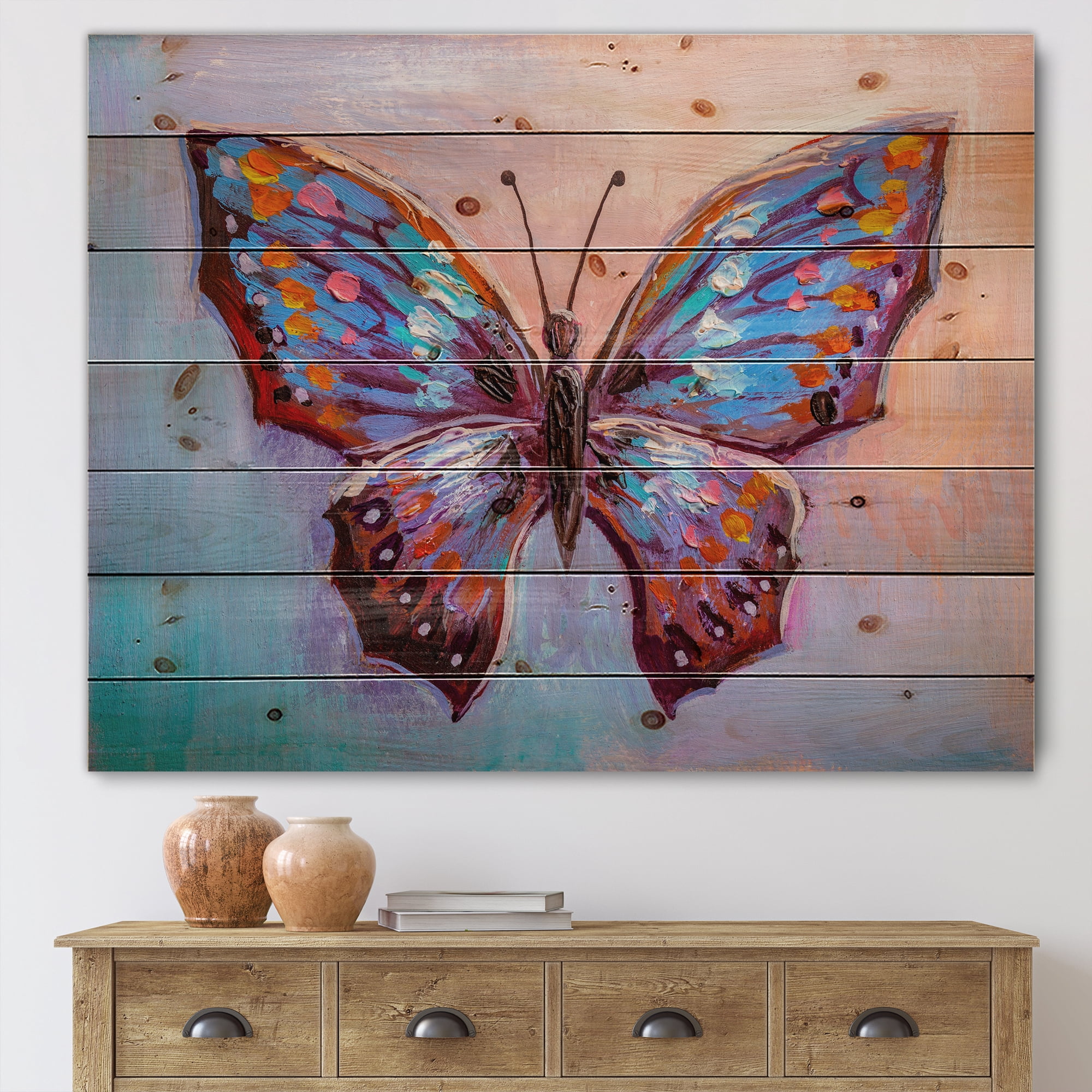 Designart 'Ancient Blue Butterfly II' Modern Print on Natural Pine Wood
