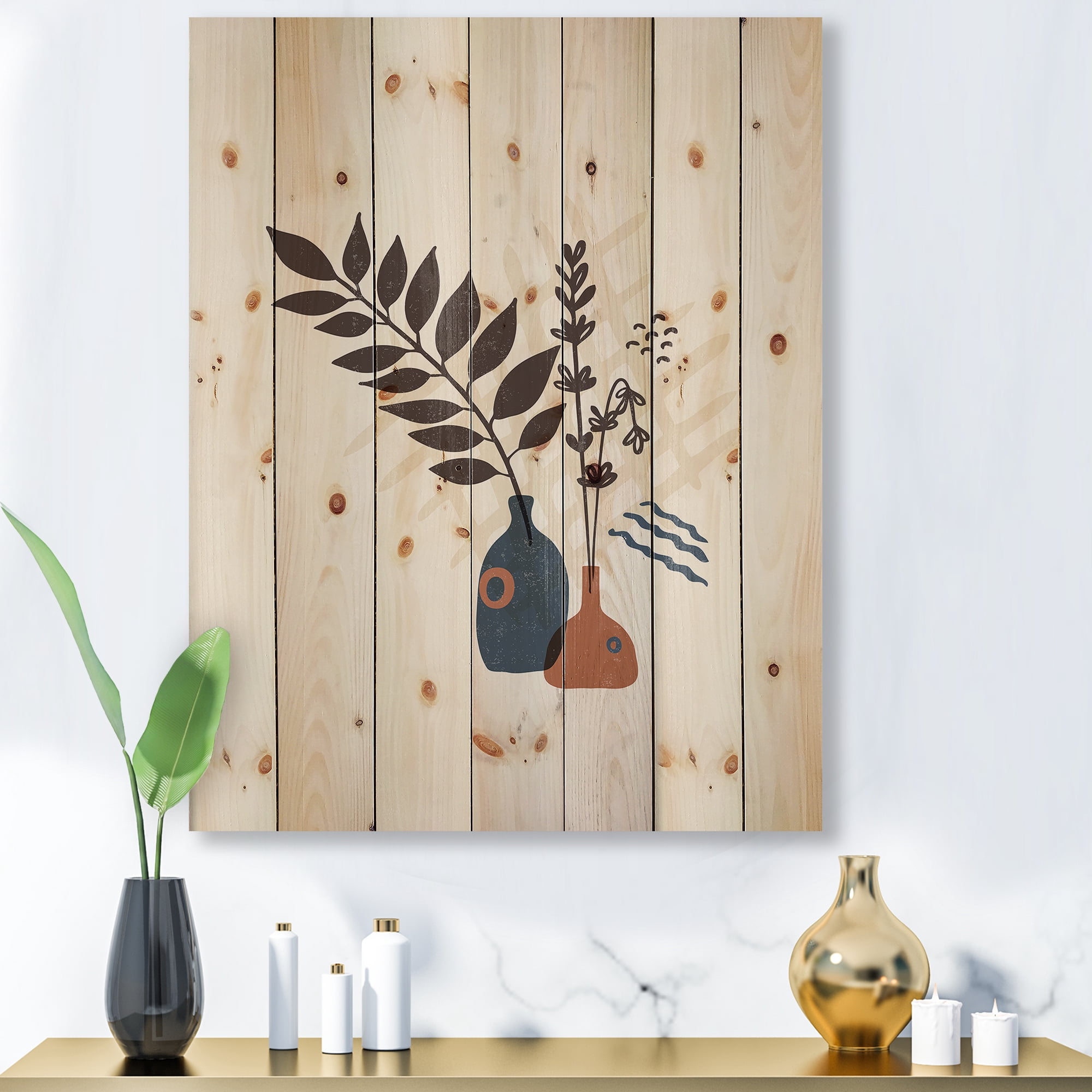 Designart 'Ancient Boho Art Minimalistic Flowers I' Modern Print on Natural Pine Wood