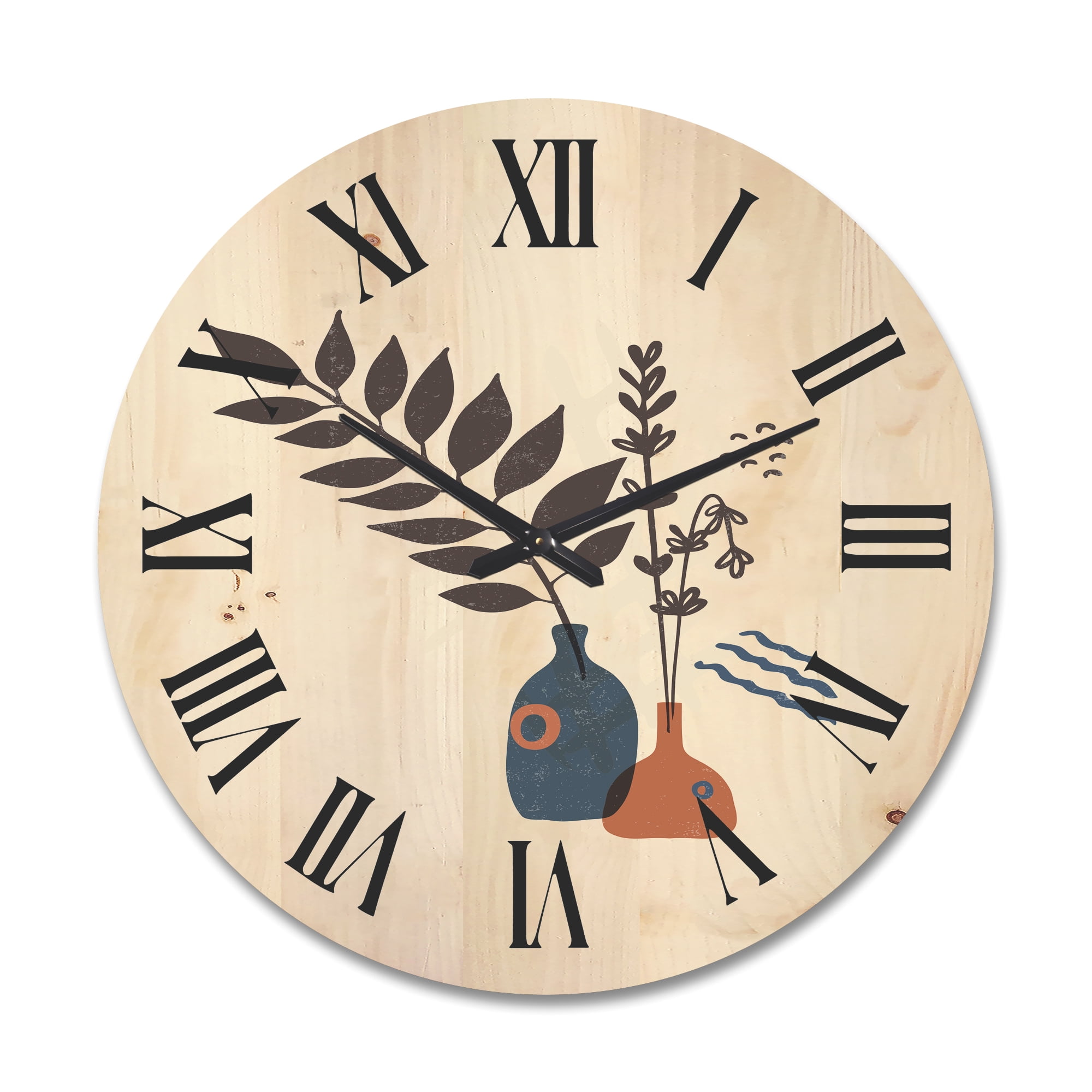 Designart 'Ancient Boho Art Minimalistic Flowers I' Modern Wood Wall Clock