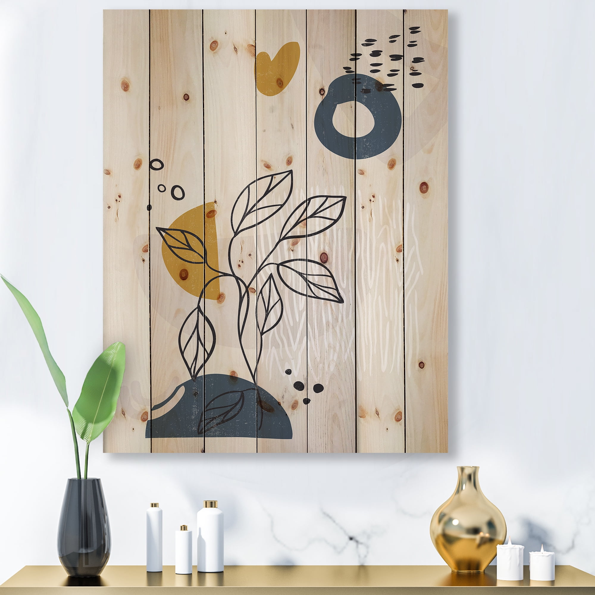 Designart 'Ancient Boho Art Minimalistic Flowers II' Modern Print on Natural Pine Wood