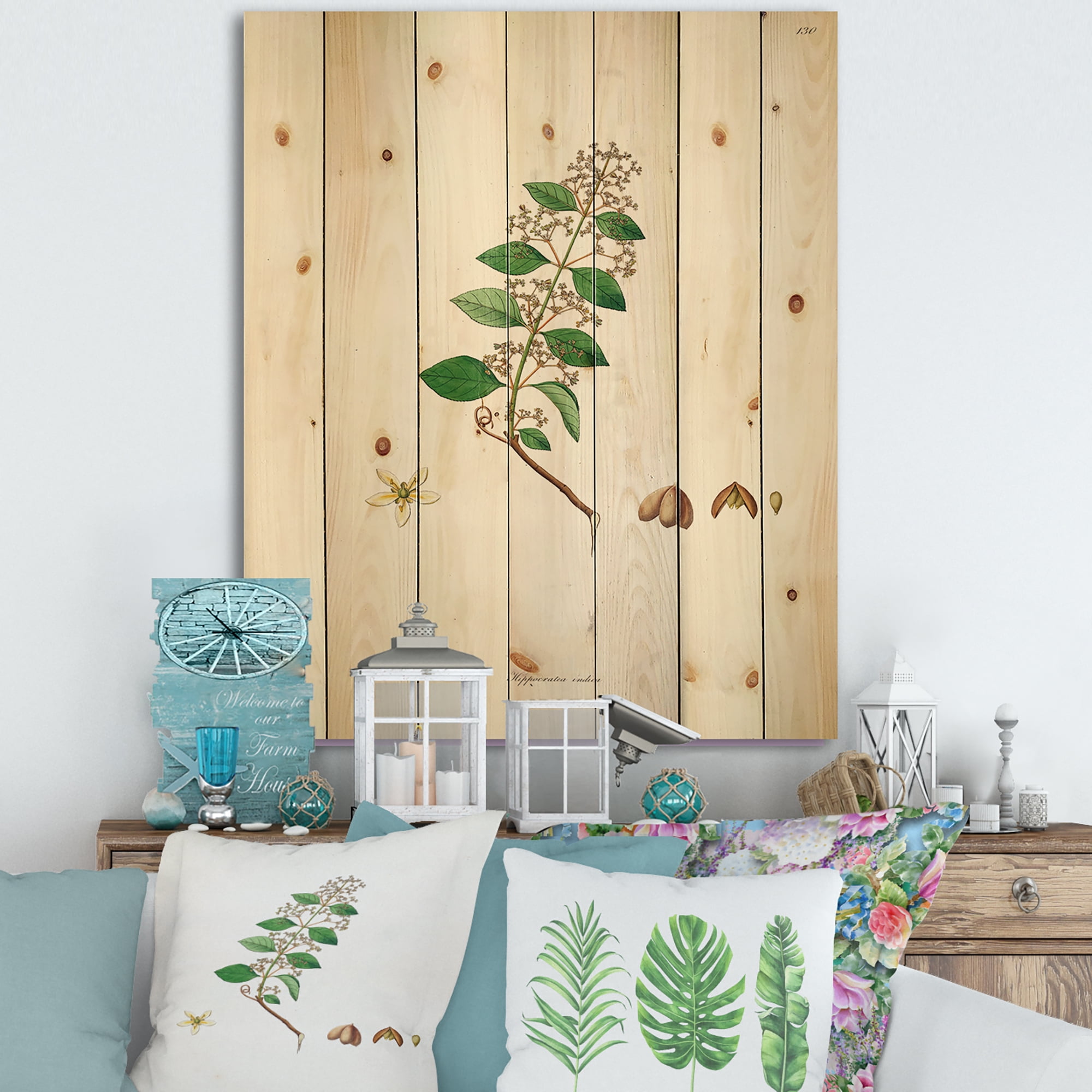 Designart 'Ancient Botanicals I' Farmhouse Print on Natural Pine Wood