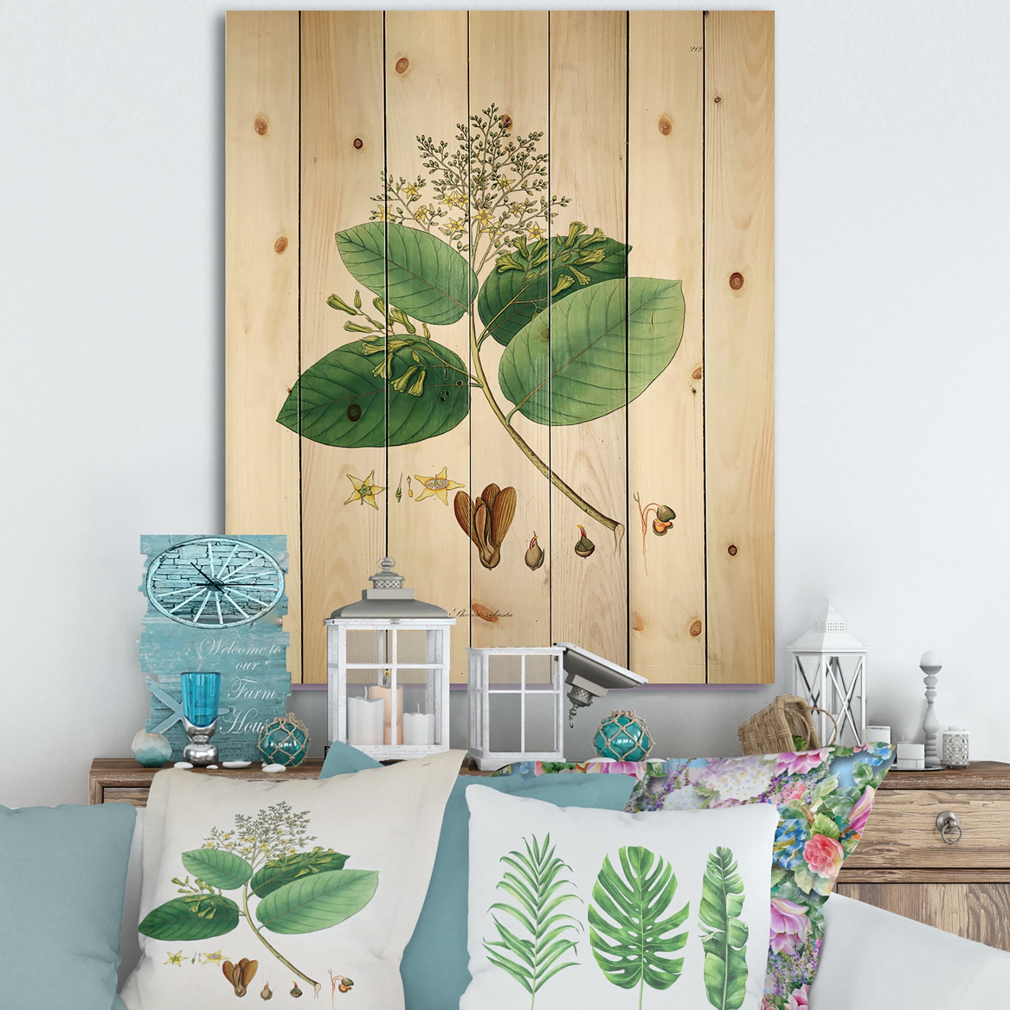 Designart 'Ancient Botanicals III' Farmhouse Print on Natural Pine Wood