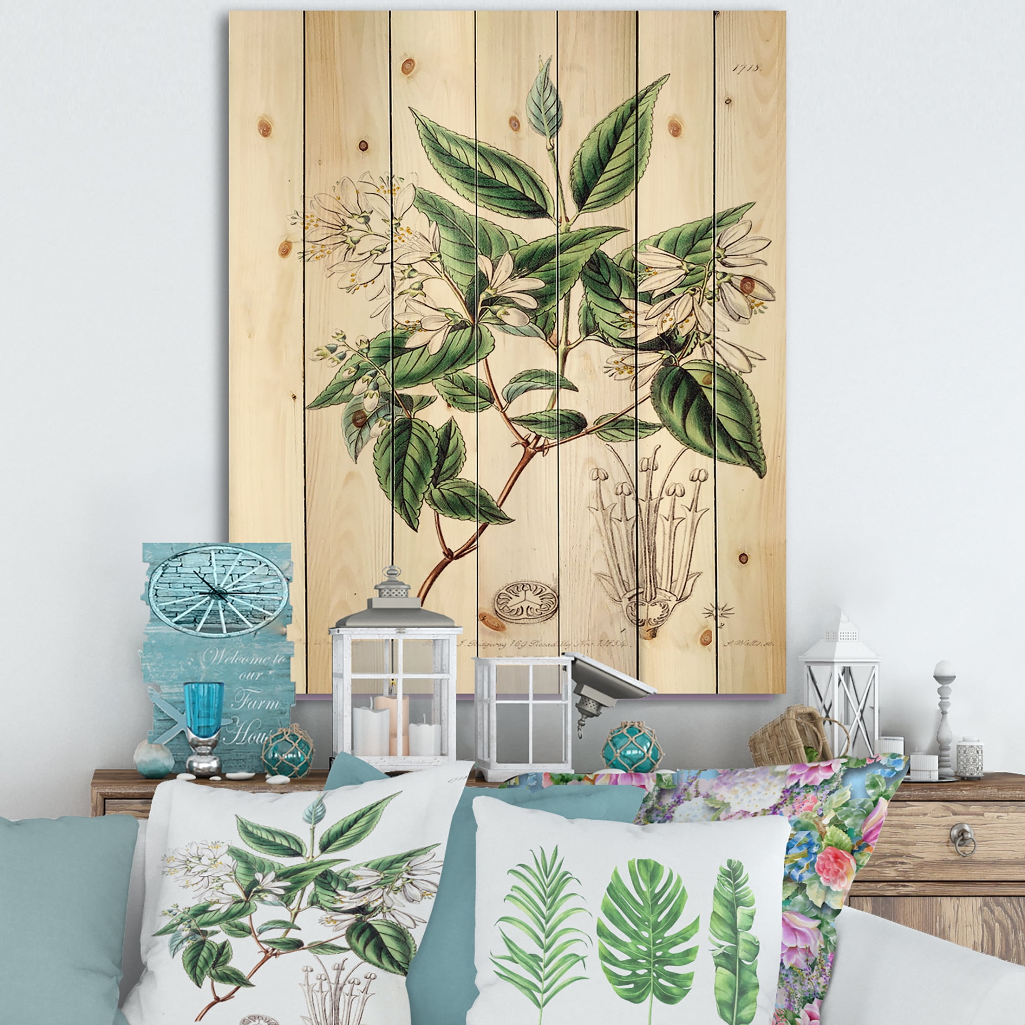 Designart 'Ancient Botanicals X' Traditional Print on Natural Pine Wood