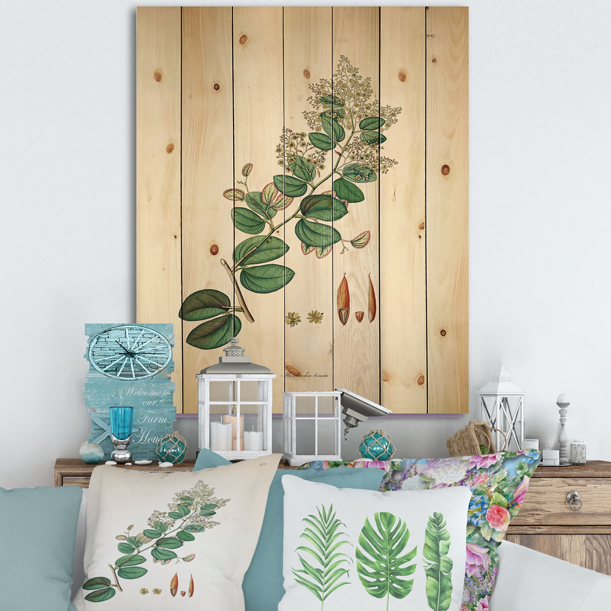 Designart 'Ancient Botanicals XIII' Farmhouse Print on Natural Pine Wood