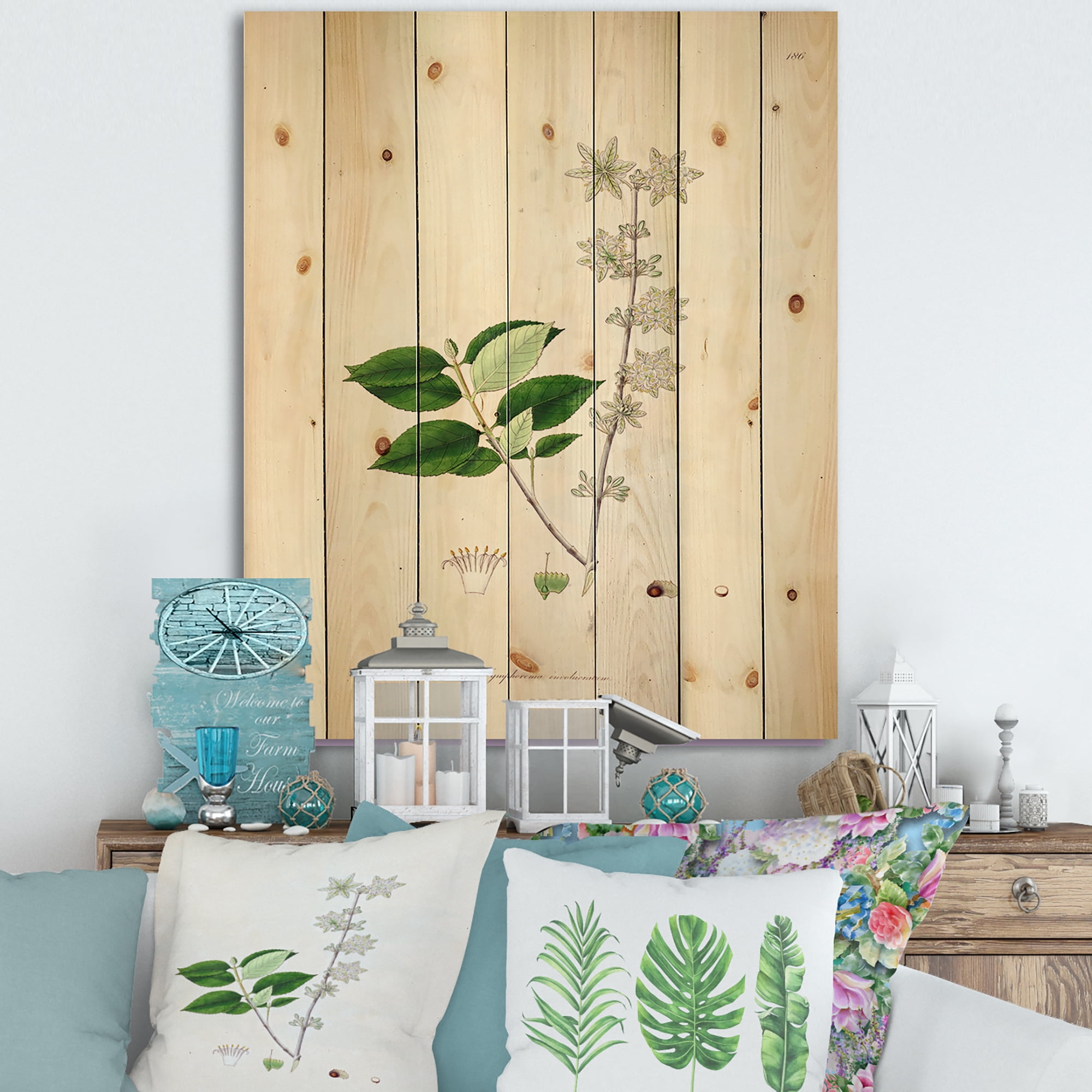 Designart 'Ancient Botanicals XV' Farmhouse Print on Natural Pine Wood