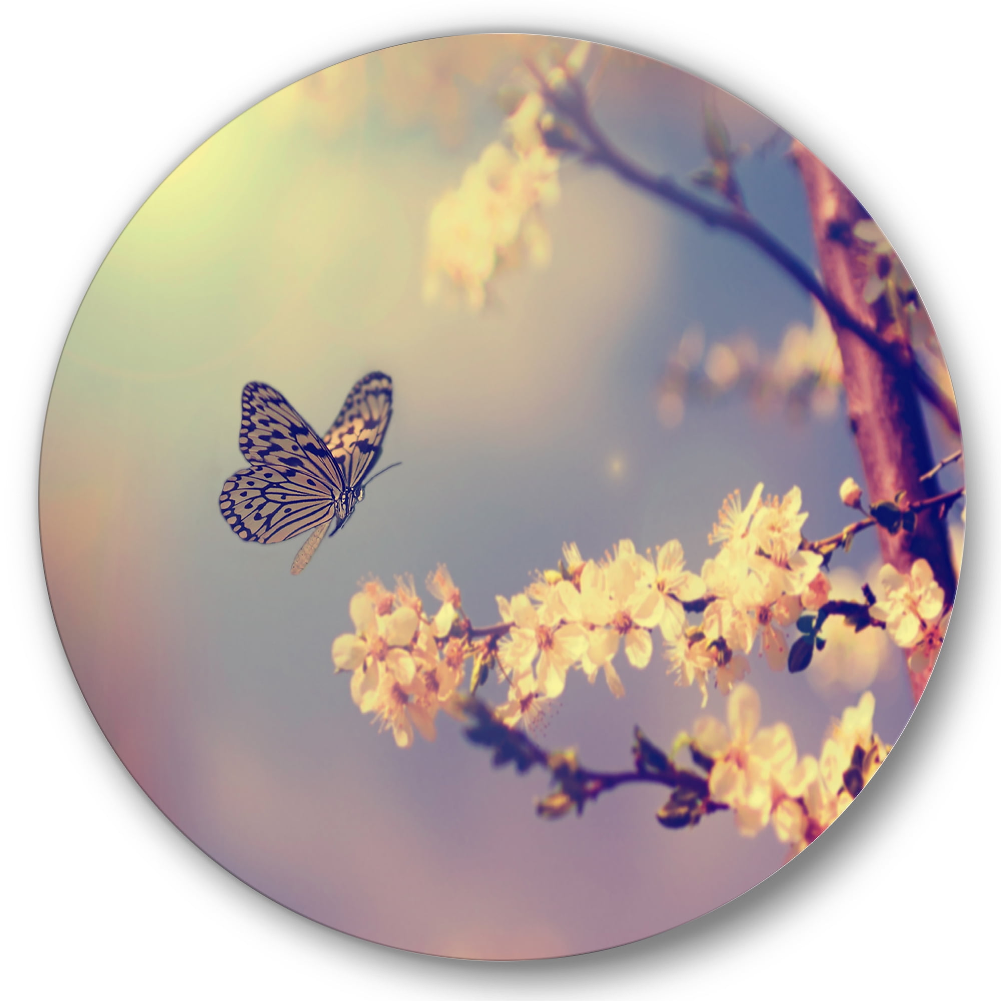 Designart 'Ancient Butterfly Flying To A White Flower' Traditional Circle Metal Wall Art 29x29 - Disc of 29