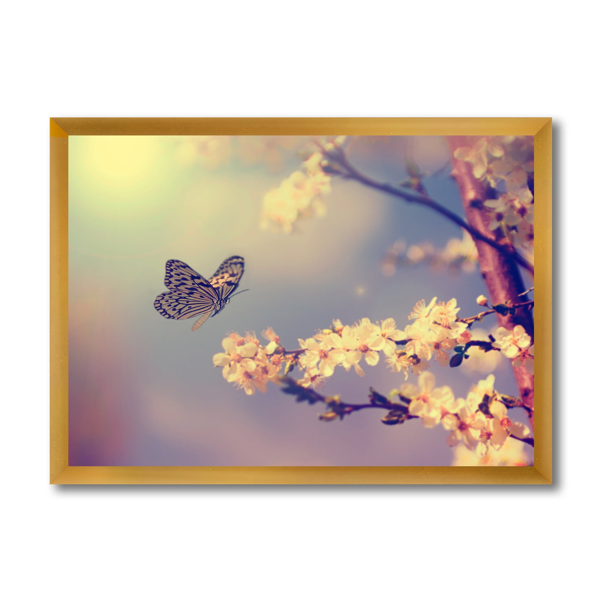 Designart 'Ancient Butterfly Flying To A White Flower' Traditional Framed Art Print