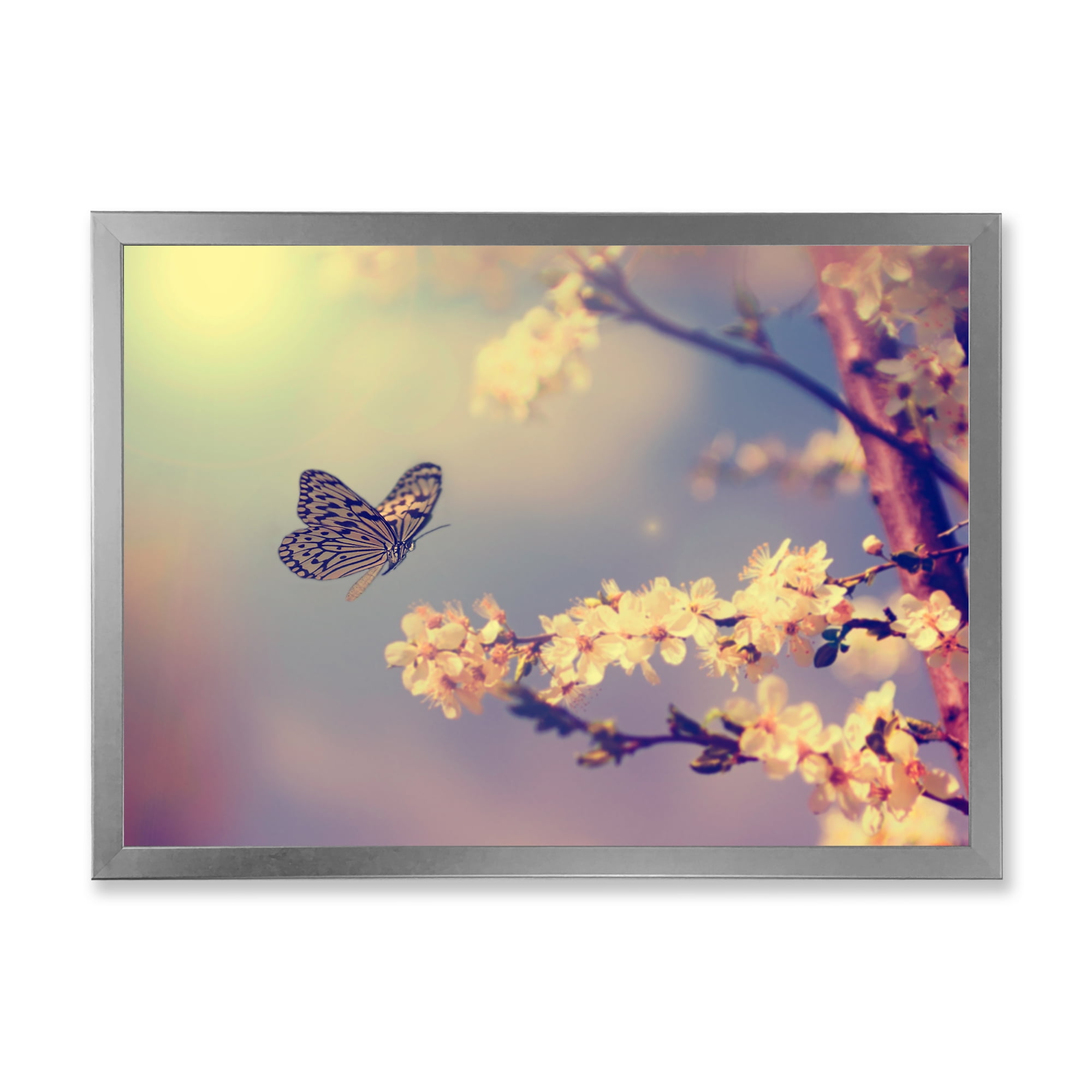 Designart 'Ancient Butterfly Flying To A White Flower' Traditional Framed Art Print