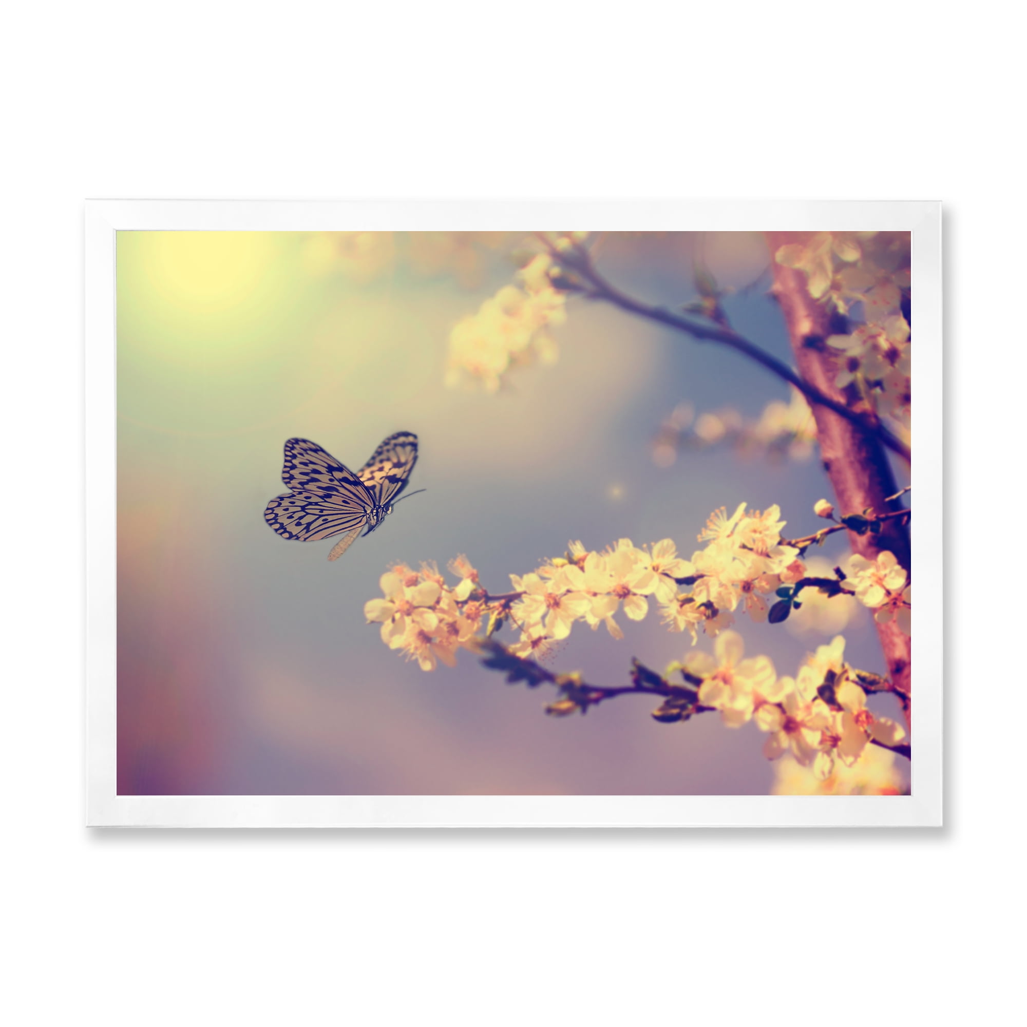 Designart 'Ancient Butterfly Flying To A White Flower' Traditional Framed Art Print