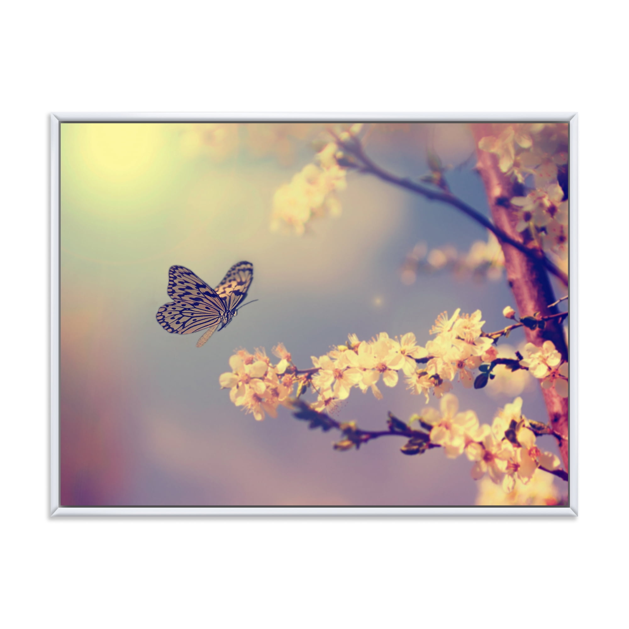 Designart 'Ancient Butterfly Flying To A White Flower' Traditional Framed Canvas Wall Art Print