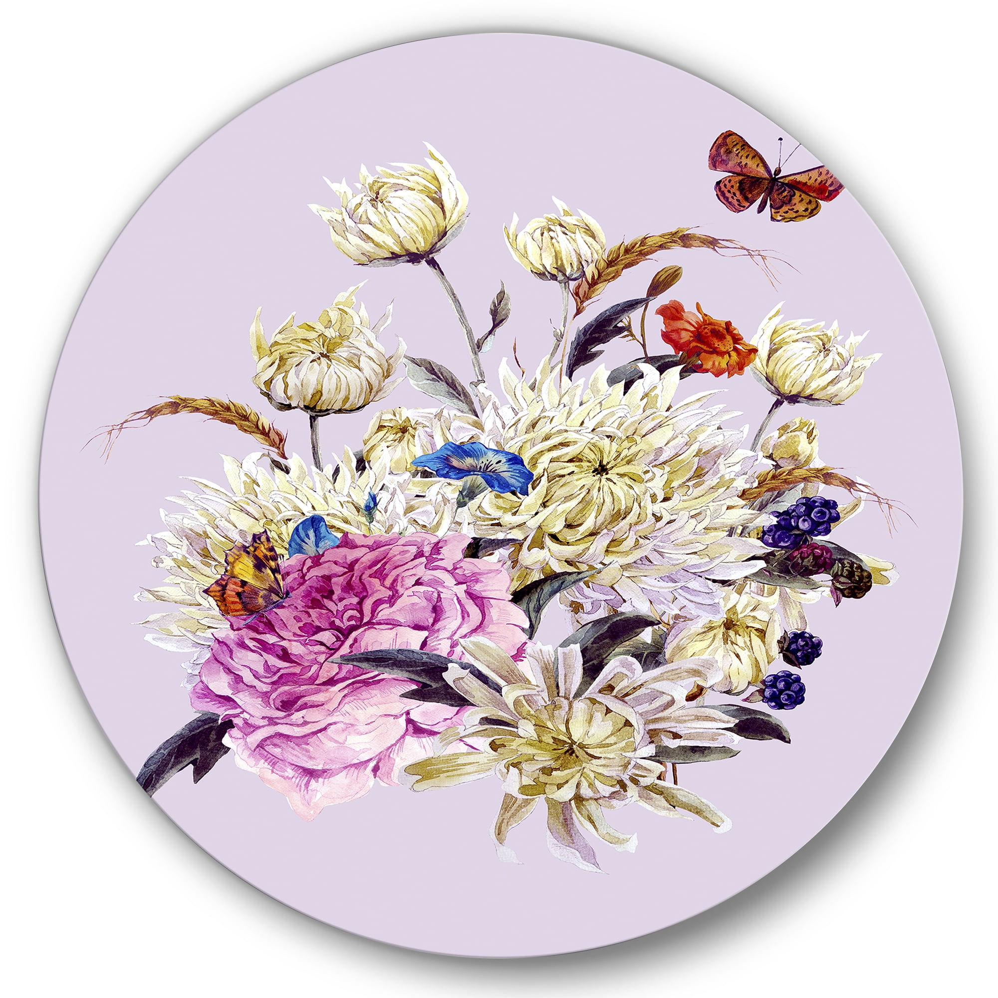 Designart 'Ancient Chrysanthemums With Bouquet I' Traditional Circle Metal Wall Art 29x29 - Disc of 29