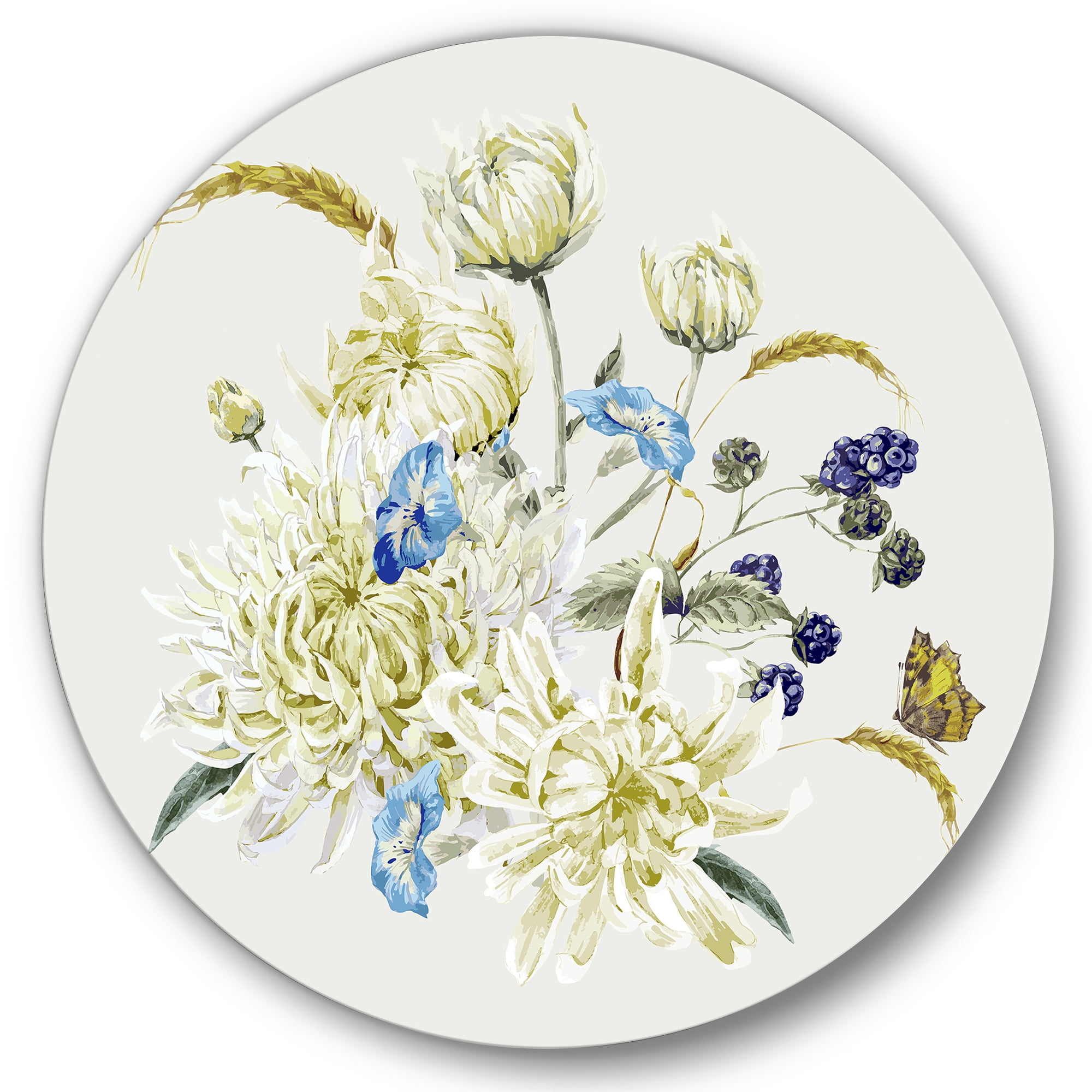 Designart 'Ancient Chrysanthemums With Bouquet II' Traditional Circle Metal Wall Art 11x11 - Disc of 11