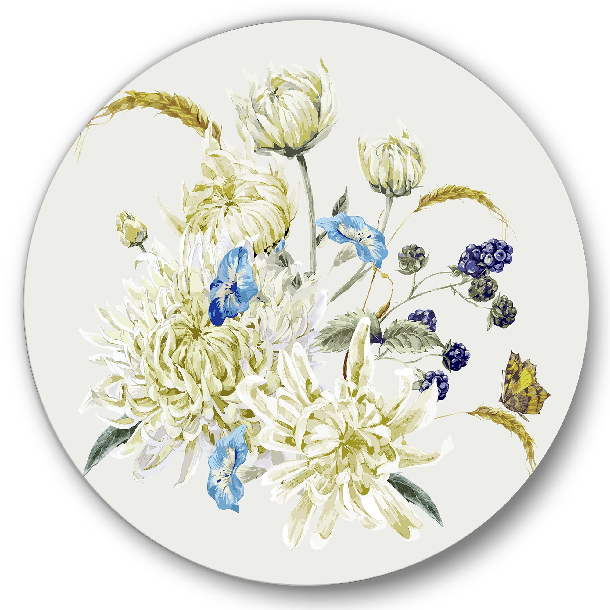 Designart 'Ancient Chrysanthemums With Bouquet II' Traditional Circle Metal Wall Art 29x29 - Disc of 29