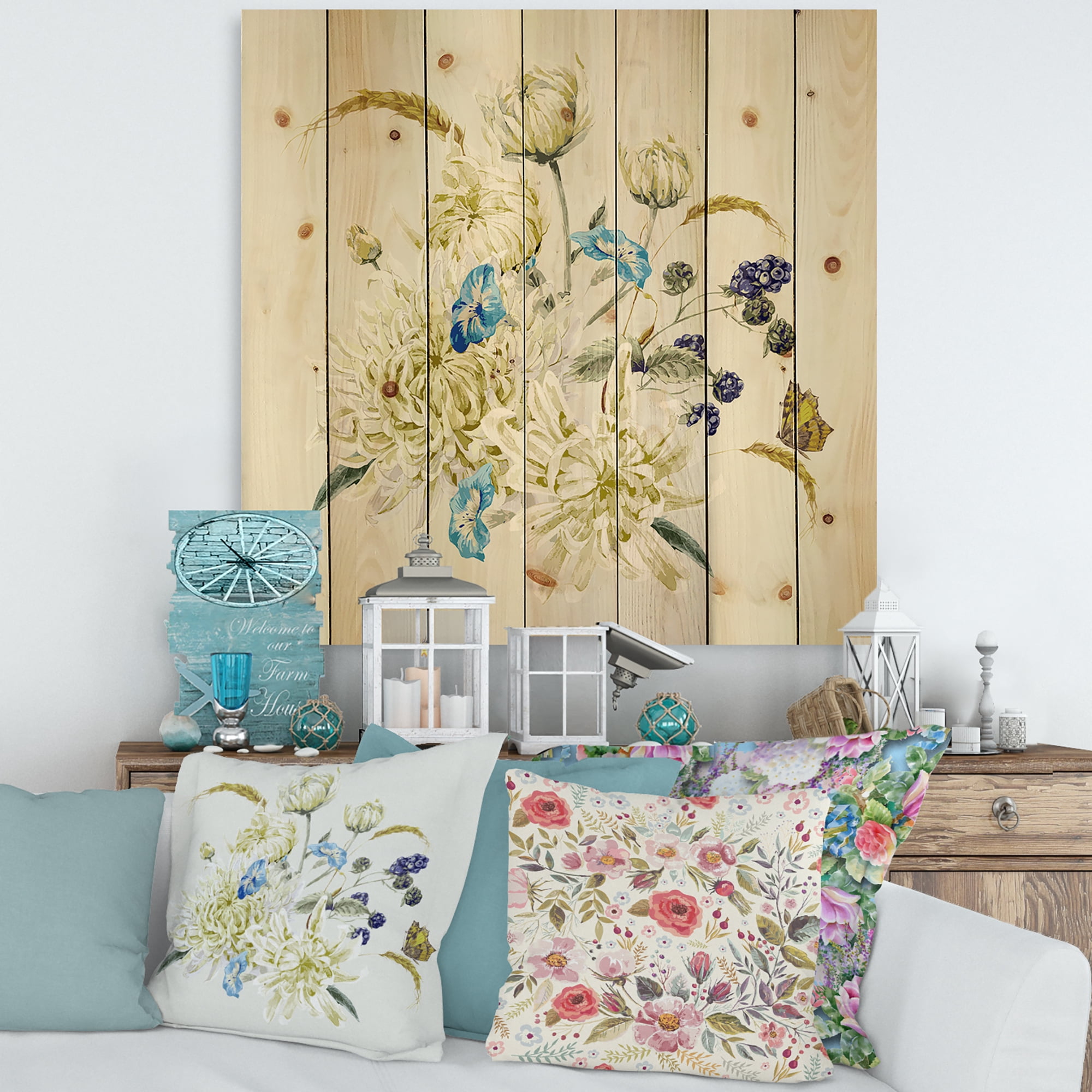 Designart 'Ancient Chrysanthemums With Bouquet II' Traditional Print on Natural Pine Wood