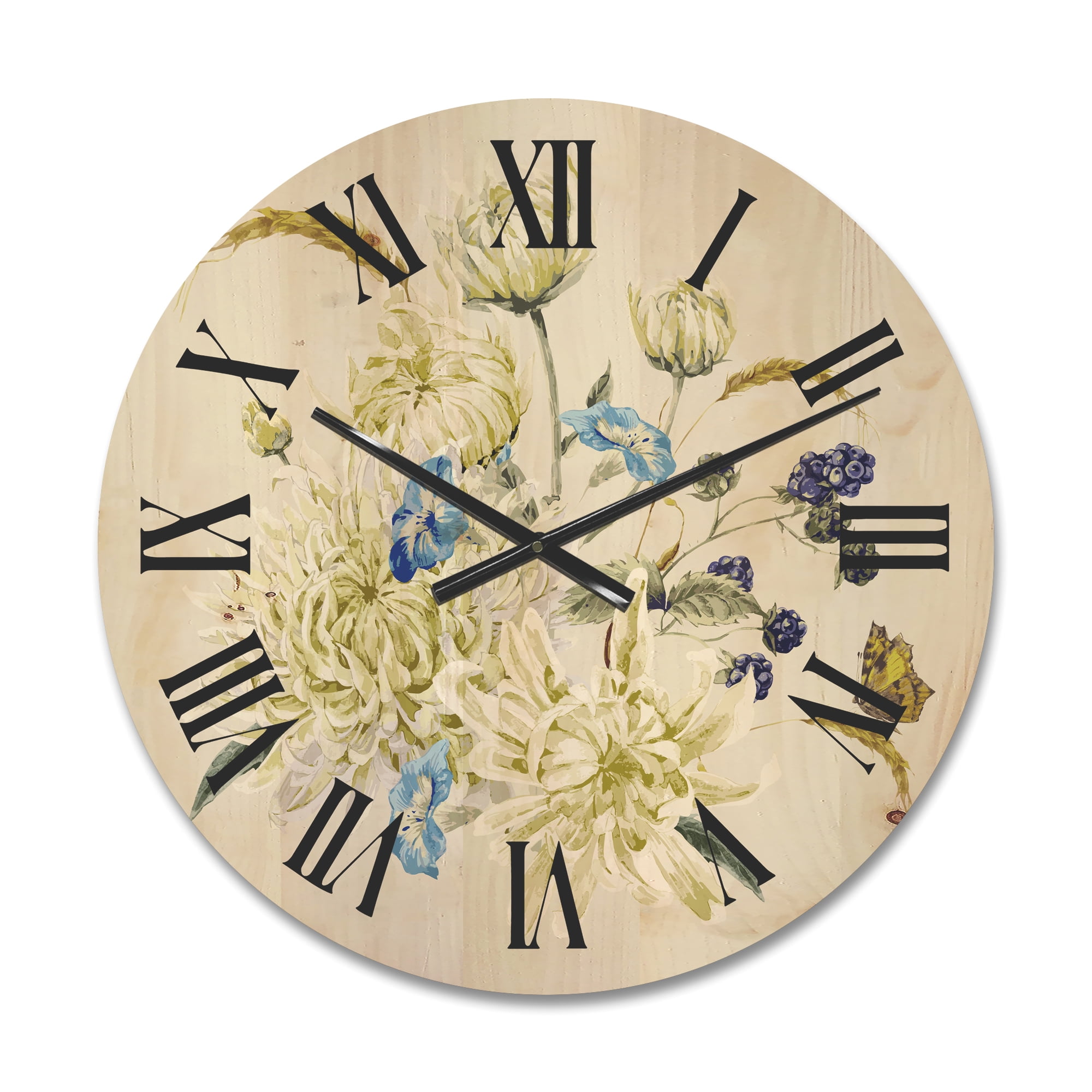 Designart 'Ancient Chrysanthemums With Bouquet II' Traditional Wood Wall Clock