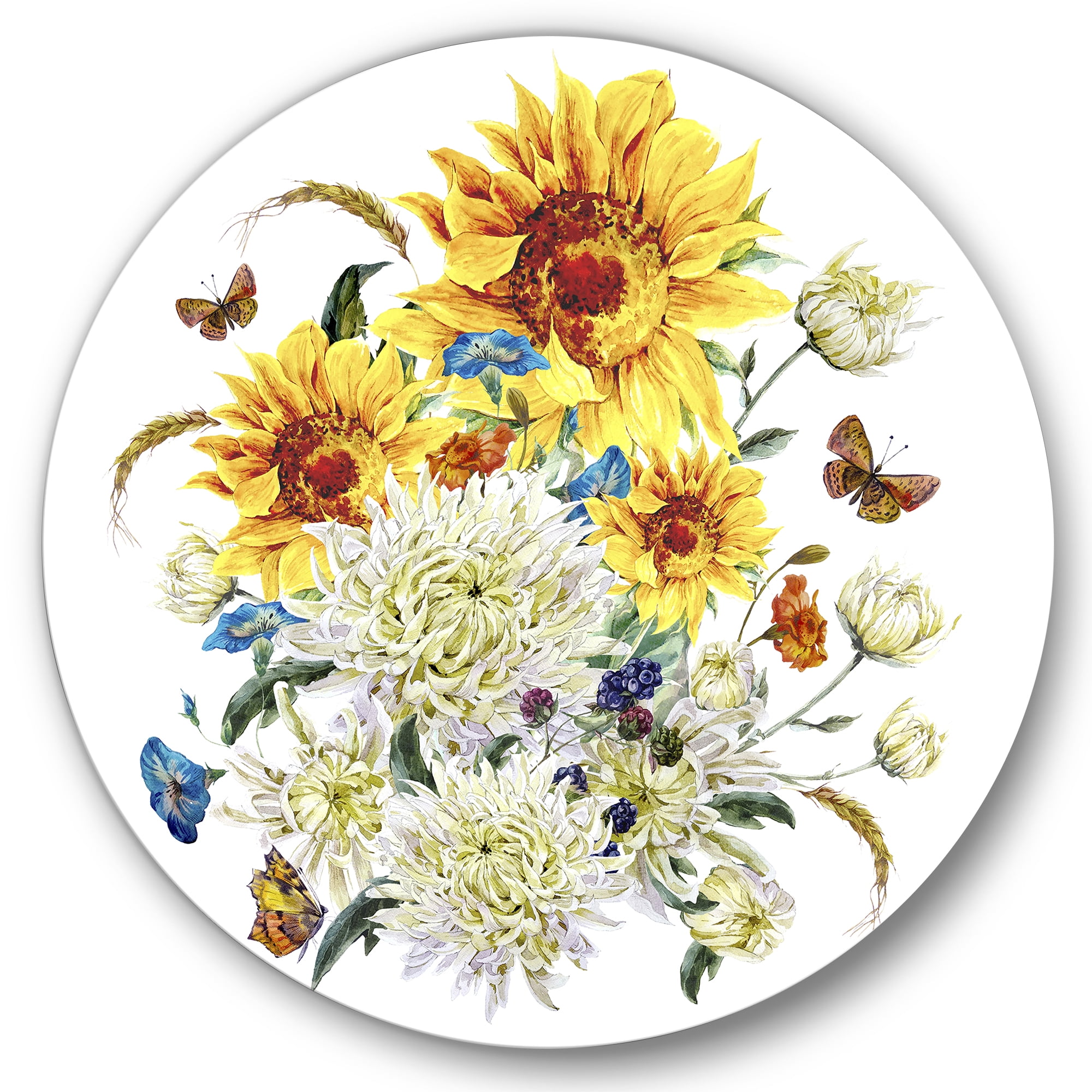 Designart 'Ancient Chrysanthemums and Sunflowers' Traditional Circle Metal Wall Art 11x11 - Disc of 11