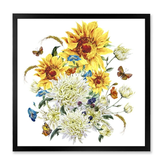 Designart 'Ancient Chrysanthemums and Sunflowers' Traditional Framed Art Print