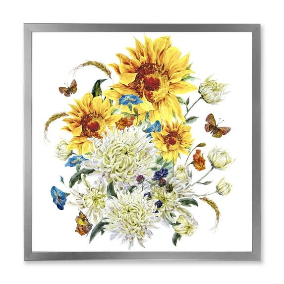 Designart 'Ancient Chrysanthemums and Sunflowers' Traditional Framed Art Print