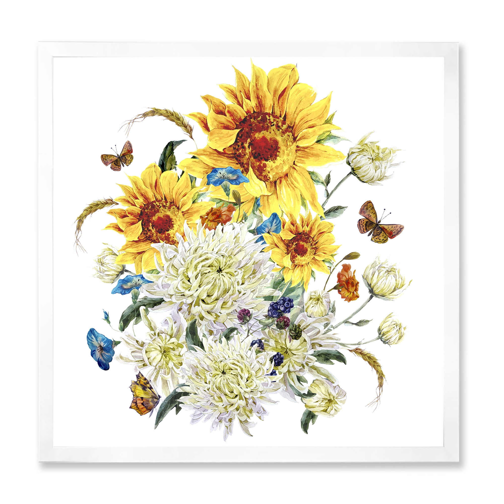 Designart 'Ancient Chrysanthemums and Sunflowers' Traditional Framed Art Print