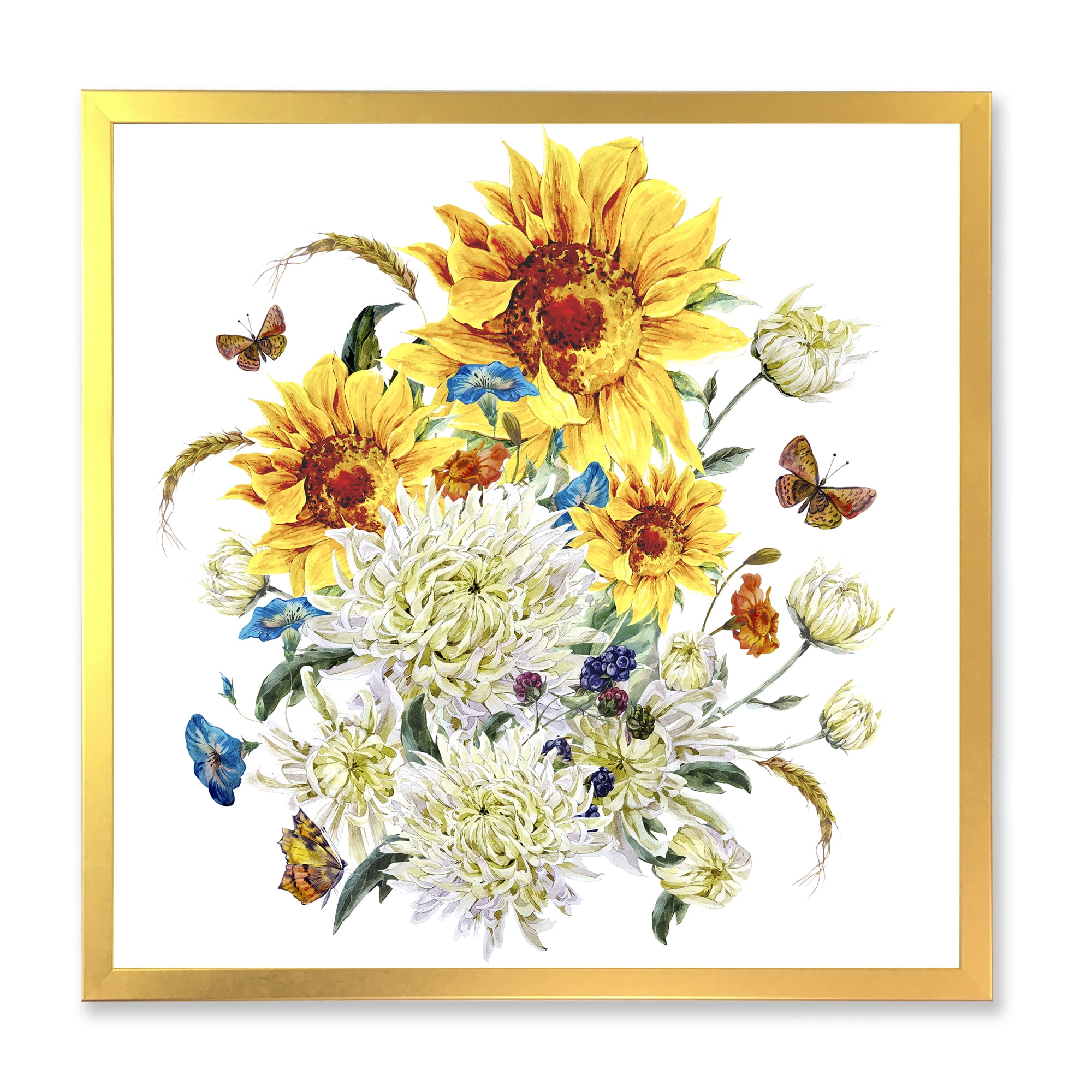 Designart 'Ancient Chrysanthemums and Sunflowers' Traditional Framed Art Print