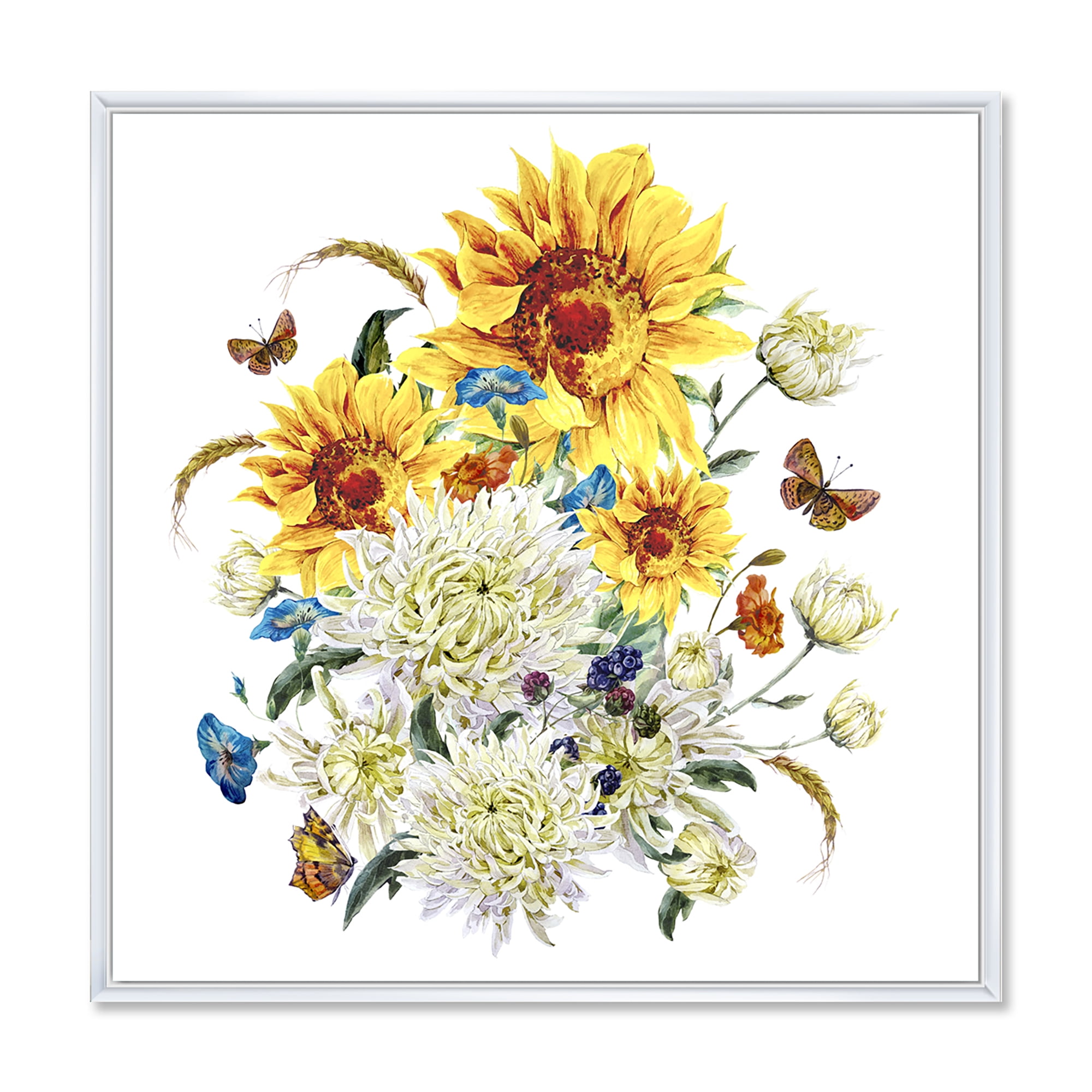 Designart 'Ancient Chrysanthemums and Sunflowers' Traditional Framed Canvas Wall Art Print