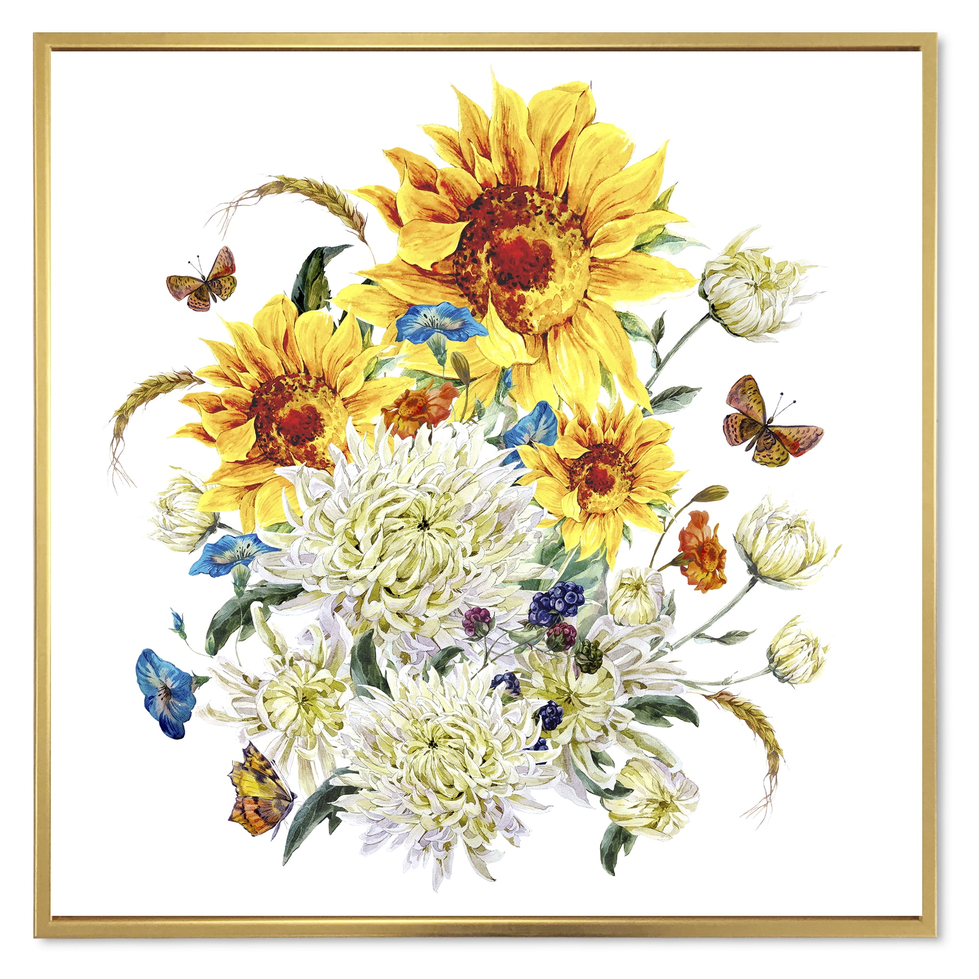 Designart 'Ancient Chrysanthemums and Sunflowers' Traditional Framed Canvas Wall Art Print