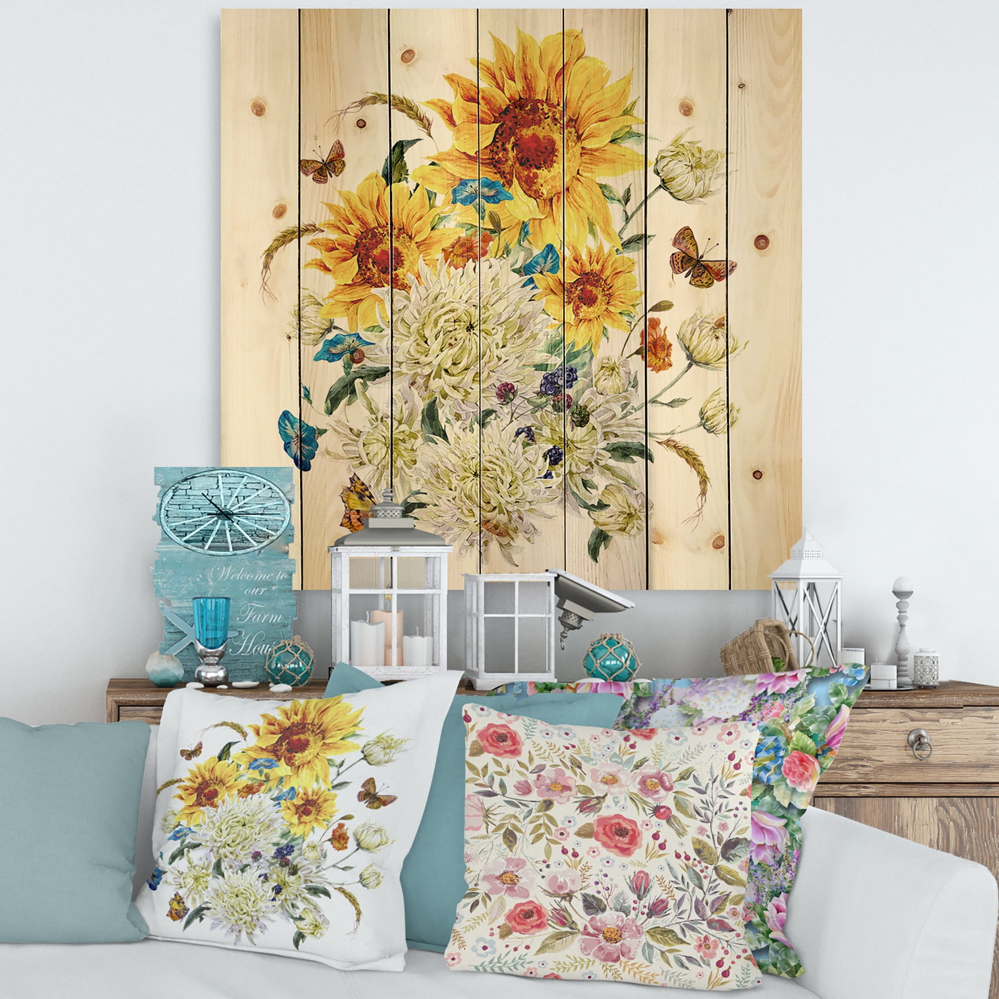 Designart 'Ancient Chrysanthemums and Sunflowers' Traditional Print on Natural Pine Wood