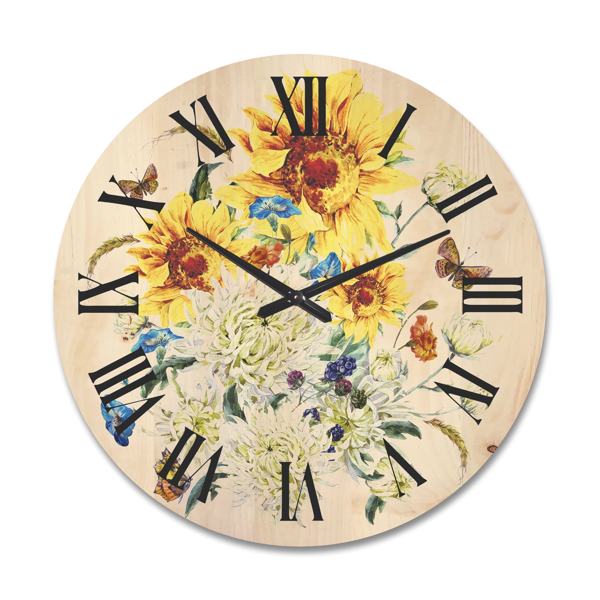 Designart 'Ancient Chrysanthemums and Sunflowers' Traditional Wood Wall Clock
