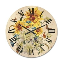 Designart 'Ancient Chrysanthemums and Sunflowers' Traditional Wood Wall Clock