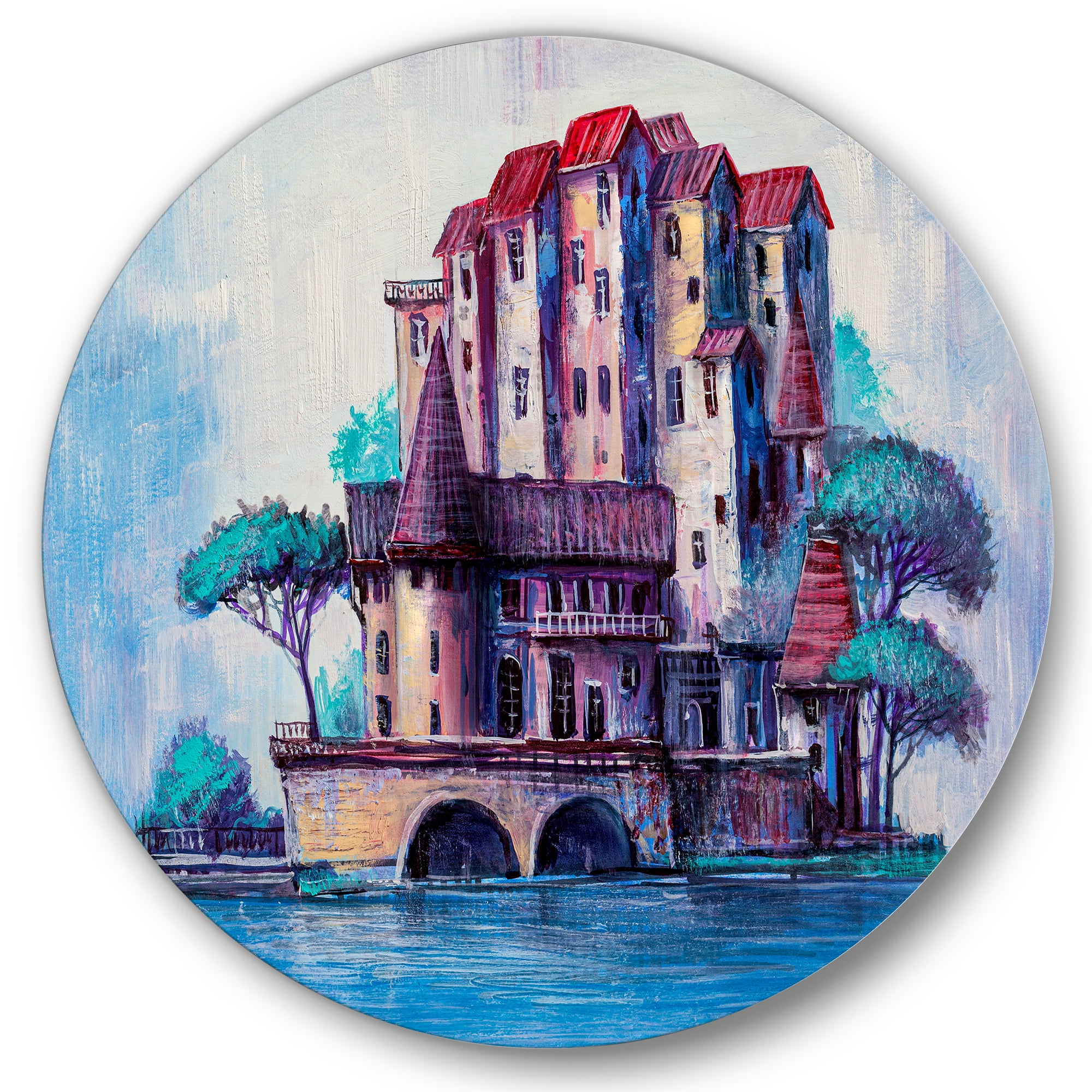Designart 'Ancient City Skypscrapers By The Bridge' Traditional Circle Metal Wall Art 29x29 - Disc of 29