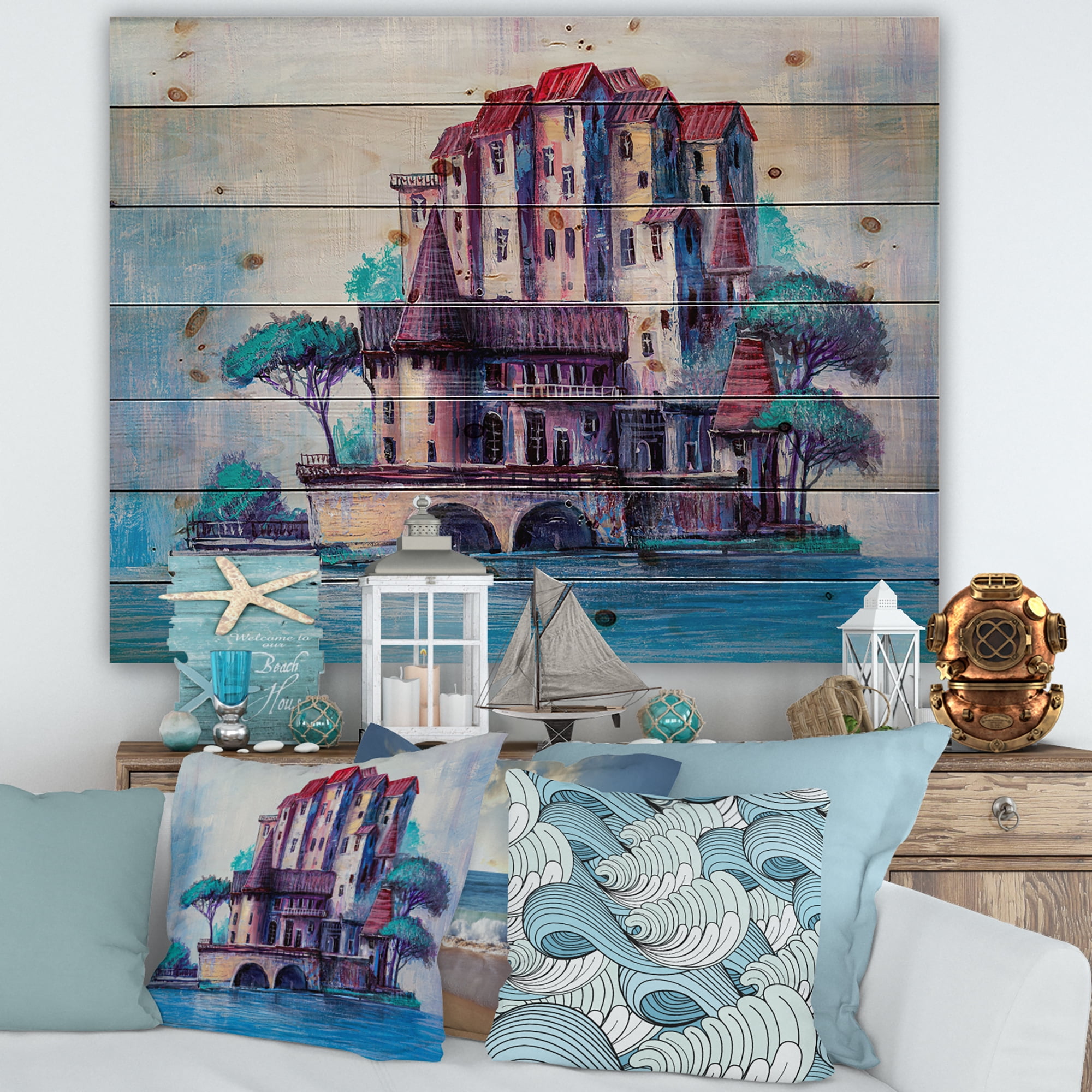 Designart 'Ancient City Skypscrapers By The Bridge' Traditional Print on Natural Pine Wood