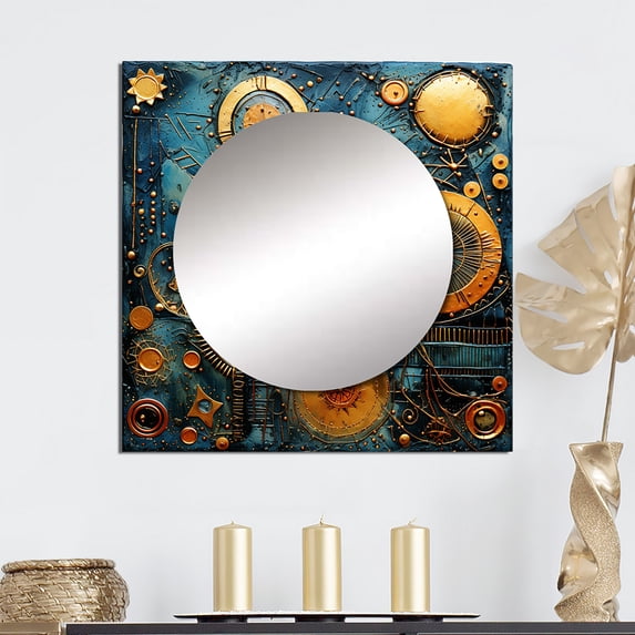 Designart "Ancient Compass Geometric Gold and Blue II" Modern Geometric Square Mirror For Wall Decor - Large Gold Square Printed Wall Mirror Art - Wall Mounted Square Large Mirror