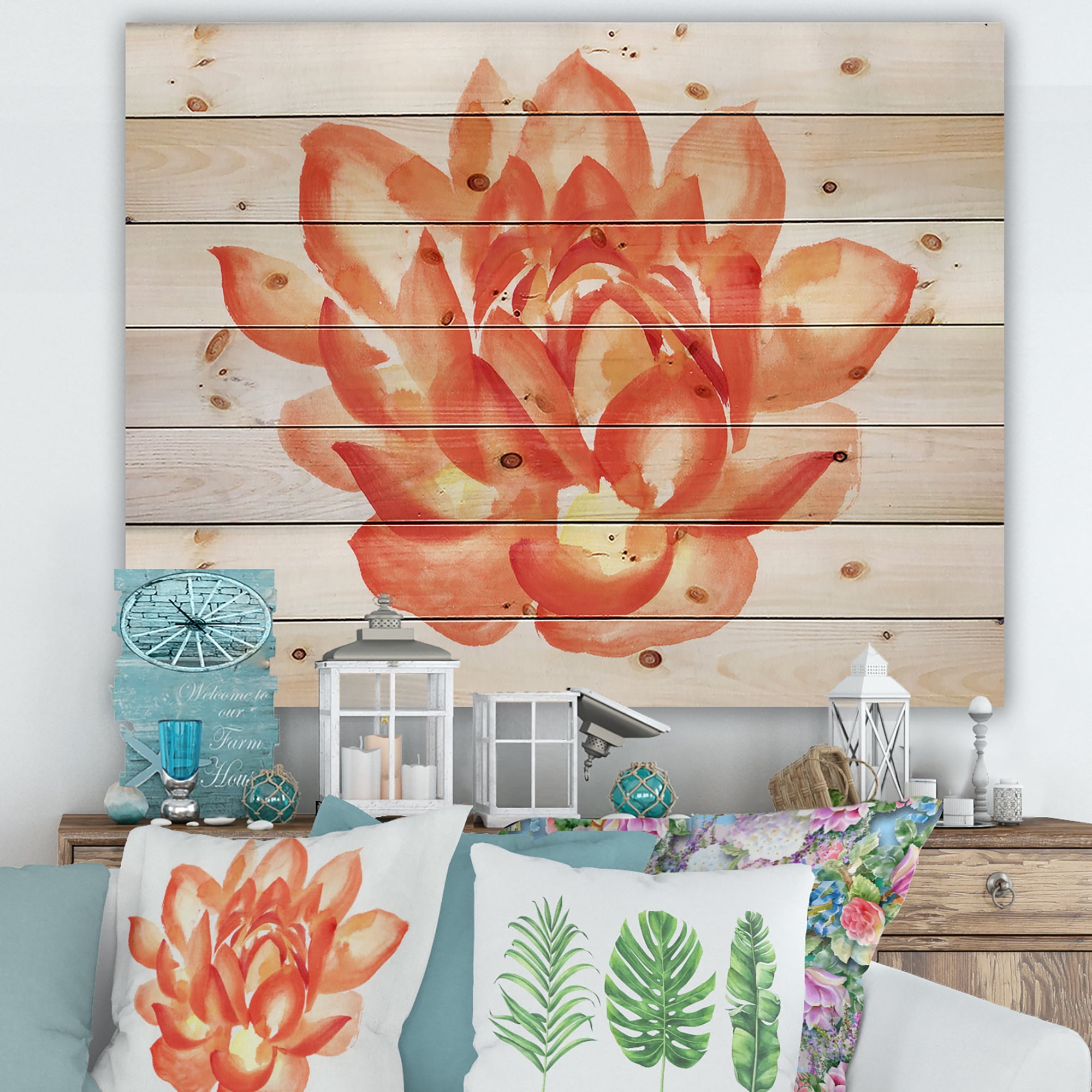 Designart 'Ancient Detail of A Orange Lotus' Traditional Print on Natural Pine Wood