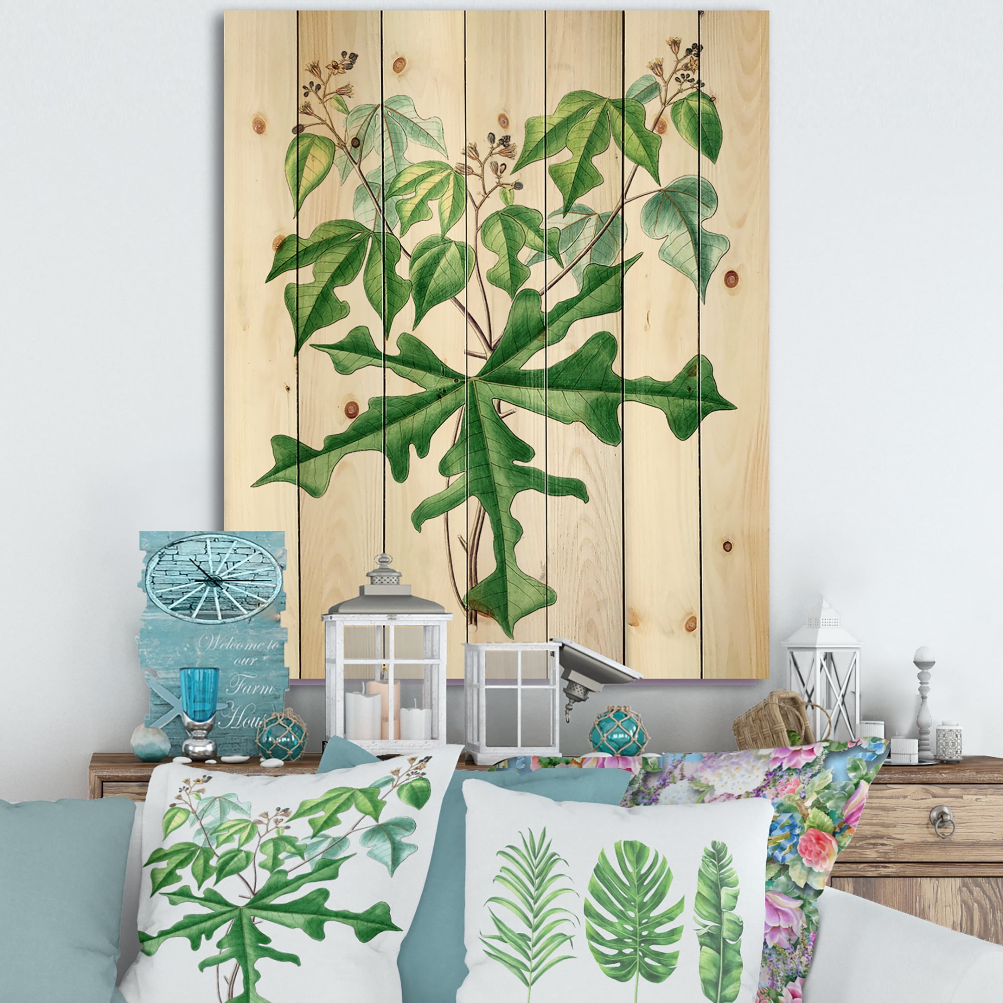 Designart 'Ancient Drawing of Wild Plants' Traditional Print on Natural Pine Wood