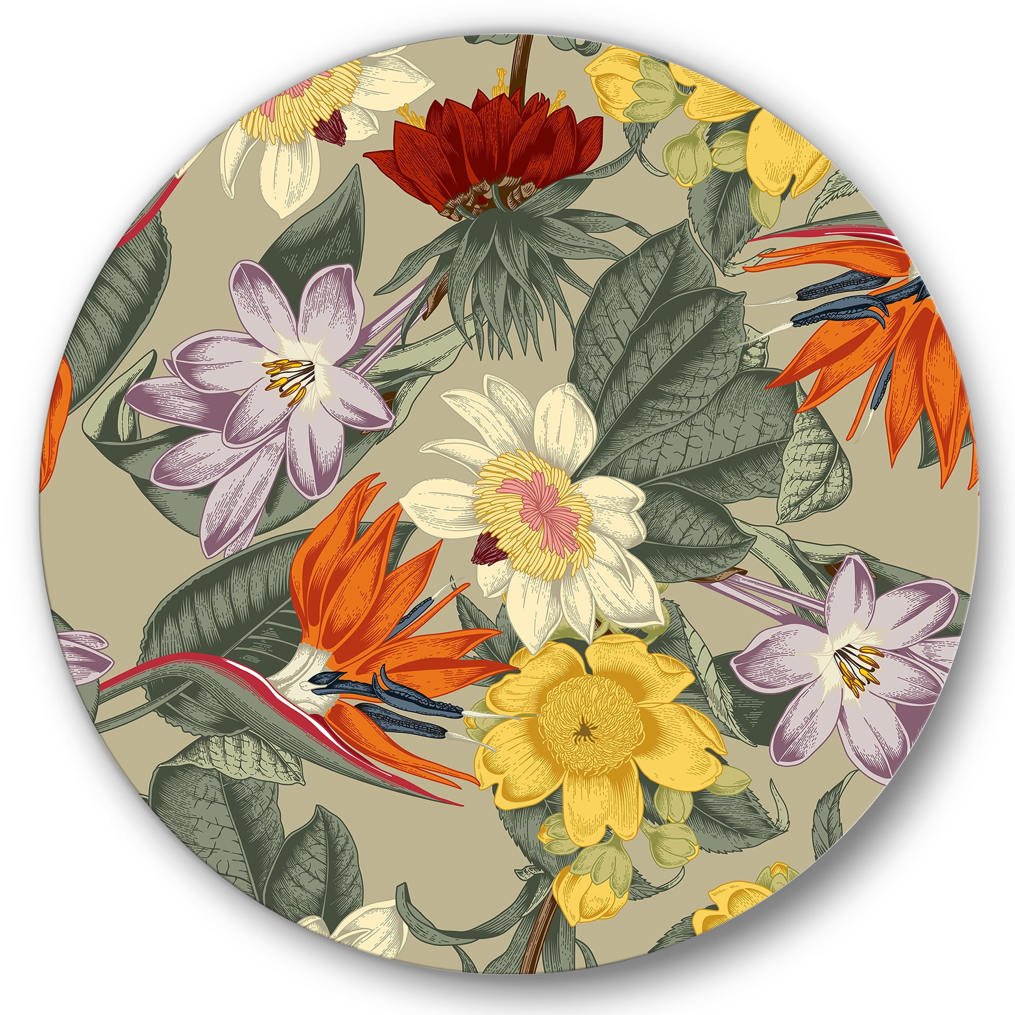Designart 'Ancient Exotic Flowers In Orange and Yellow' Traditional Circle Metal Wall Art 11x11 - Disc of 11