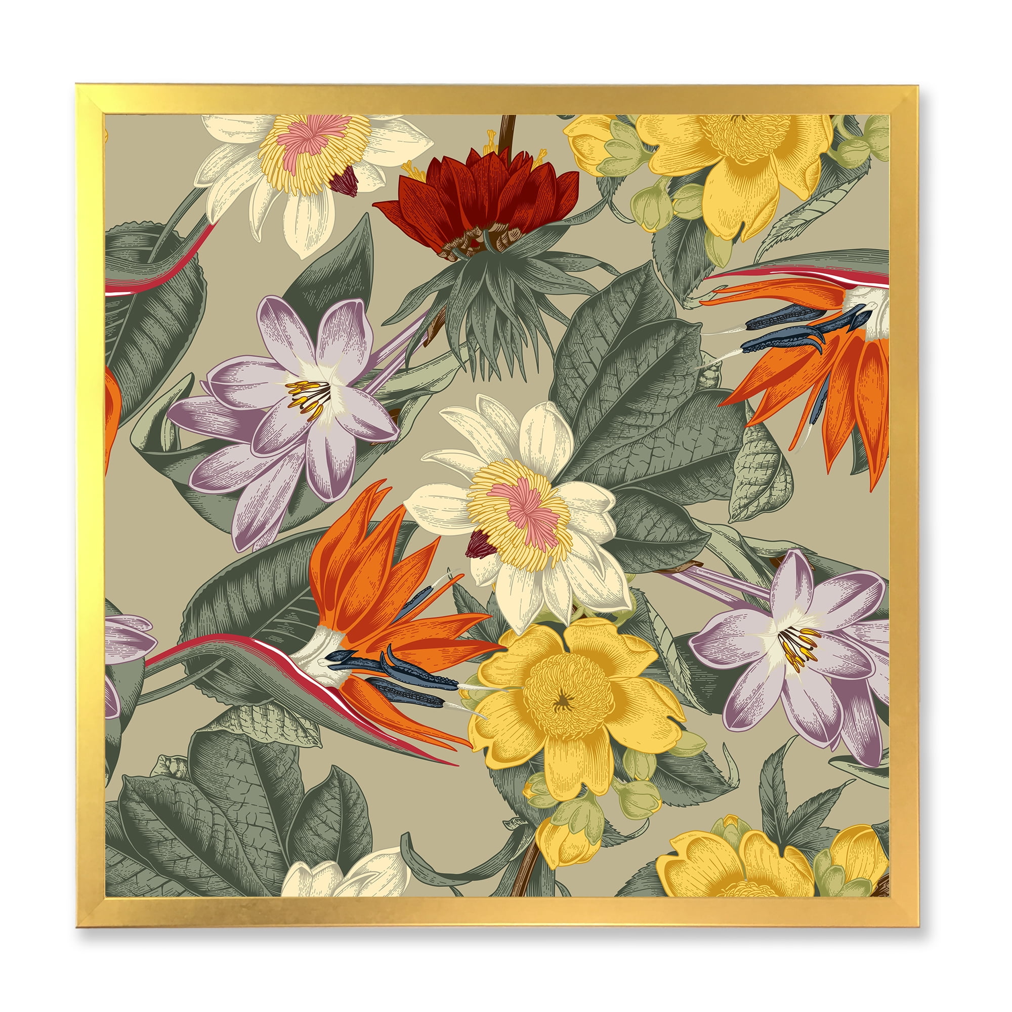 Designart 'Ancient Exotic Flowers In Orange and Yellow' Traditional Framed Art Print