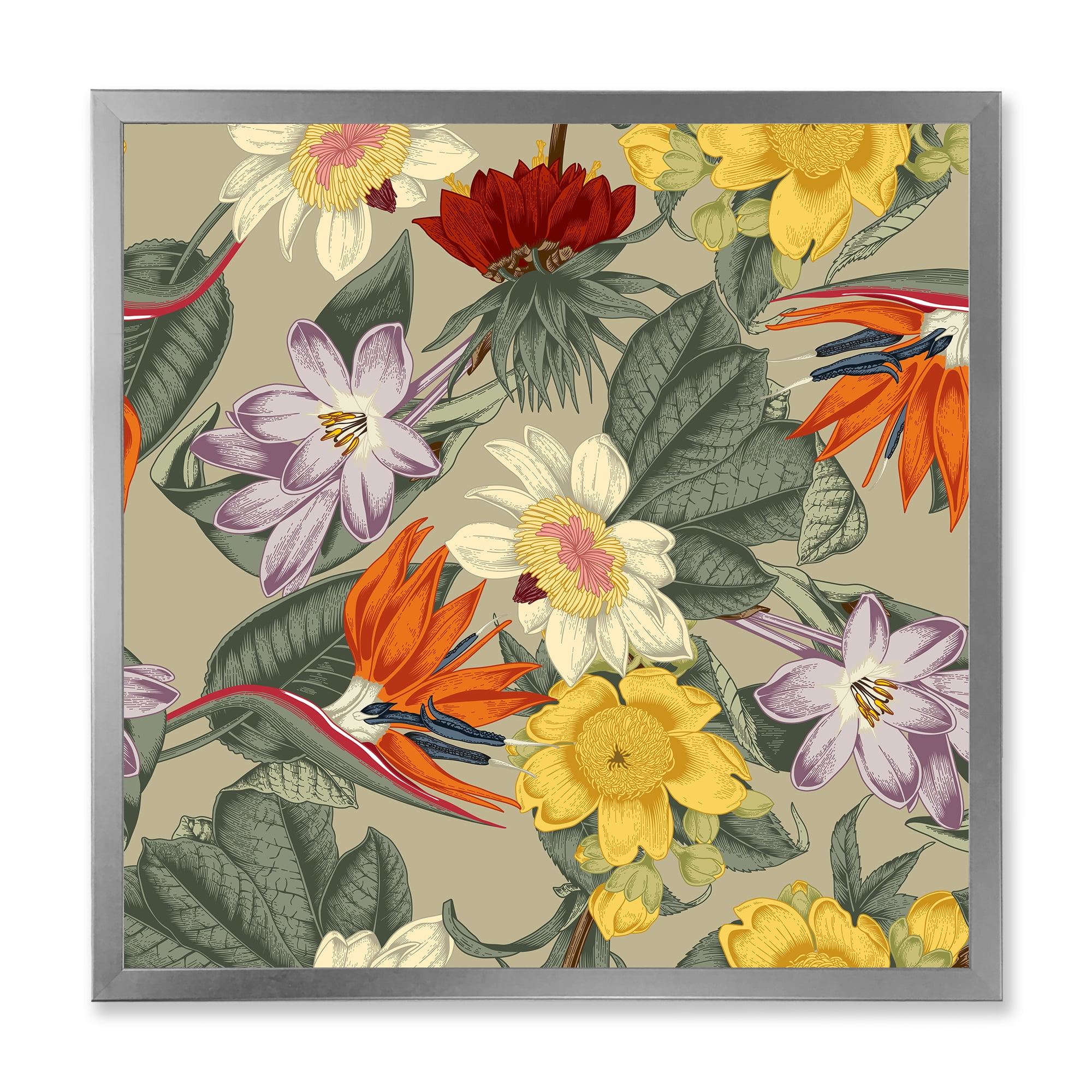 Designart 'Ancient Exotic Flowers In Orange and Yellow' Traditional Framed Art Print