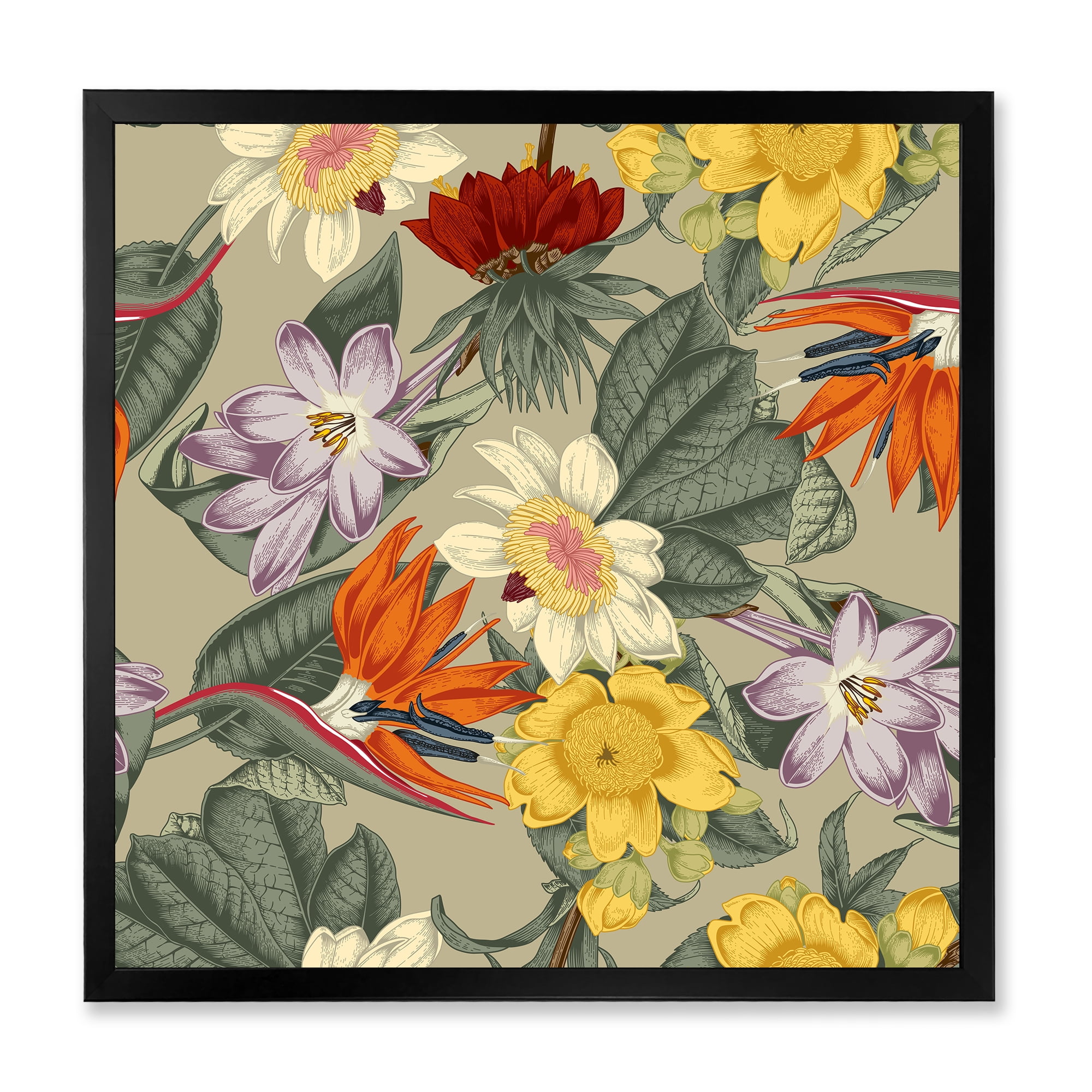 Designart 'Ancient Exotic Flowers In Orange and Yellow' Traditional Framed Art Print