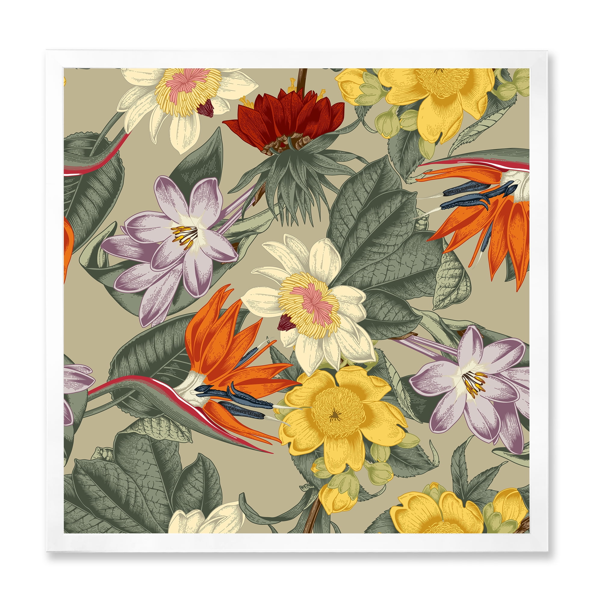 Designart 'Ancient Exotic Flowers In Orange and Yellow' Traditional Framed Art Print