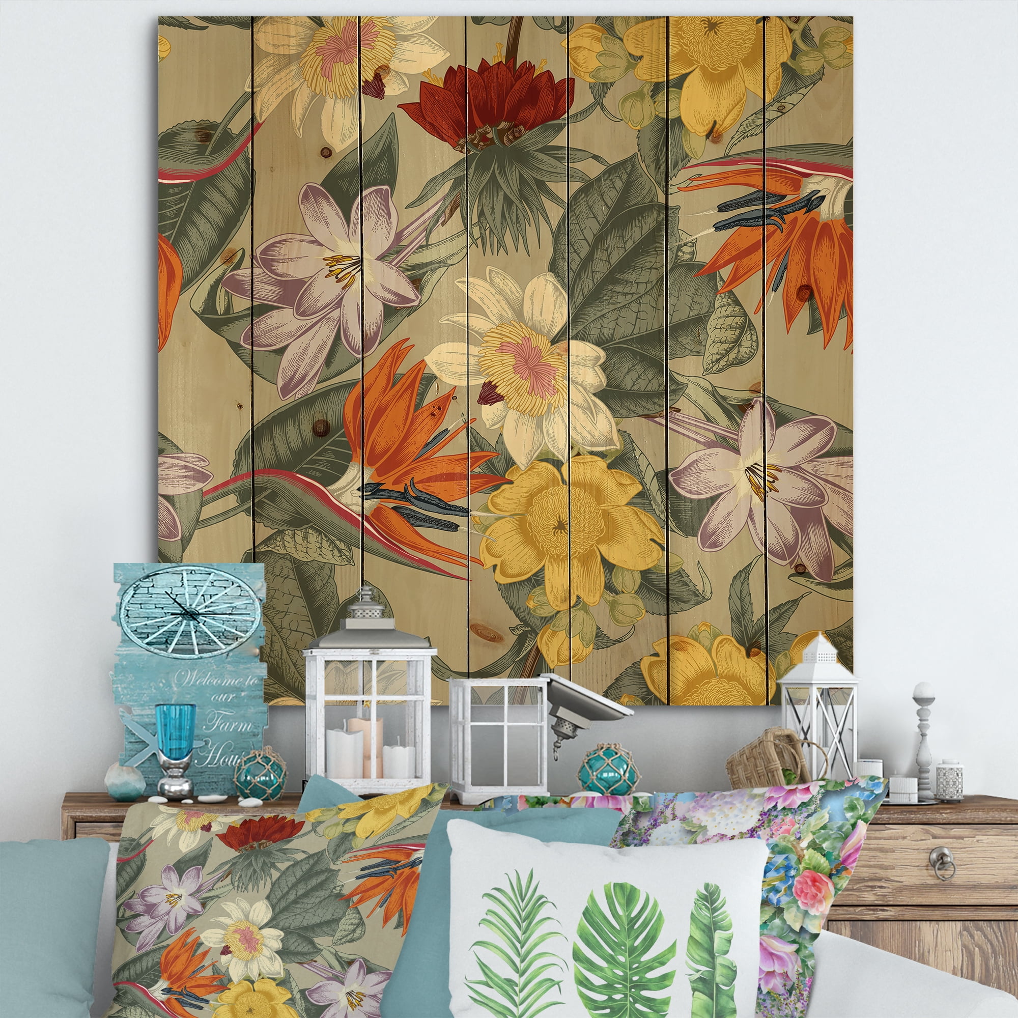 Designart 'Ancient Exotic Flowers In Orange and Yellow' Traditional Print on Natural Pine Wood