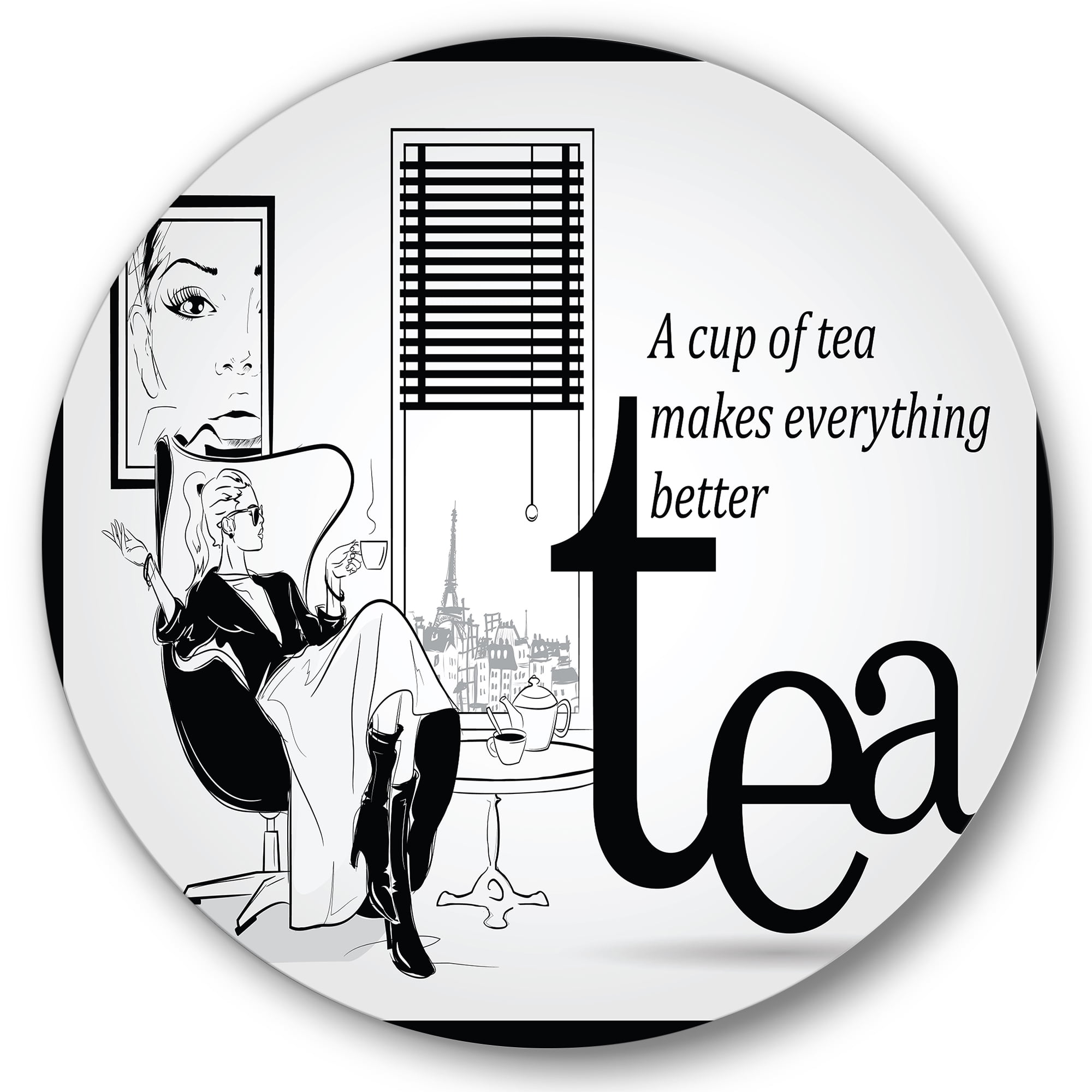 Designart 'Ancient Fashion Girl Drinking A Cup Of Tea' Vintage Circle Metal Wall Art 23x23 - Disc of 23