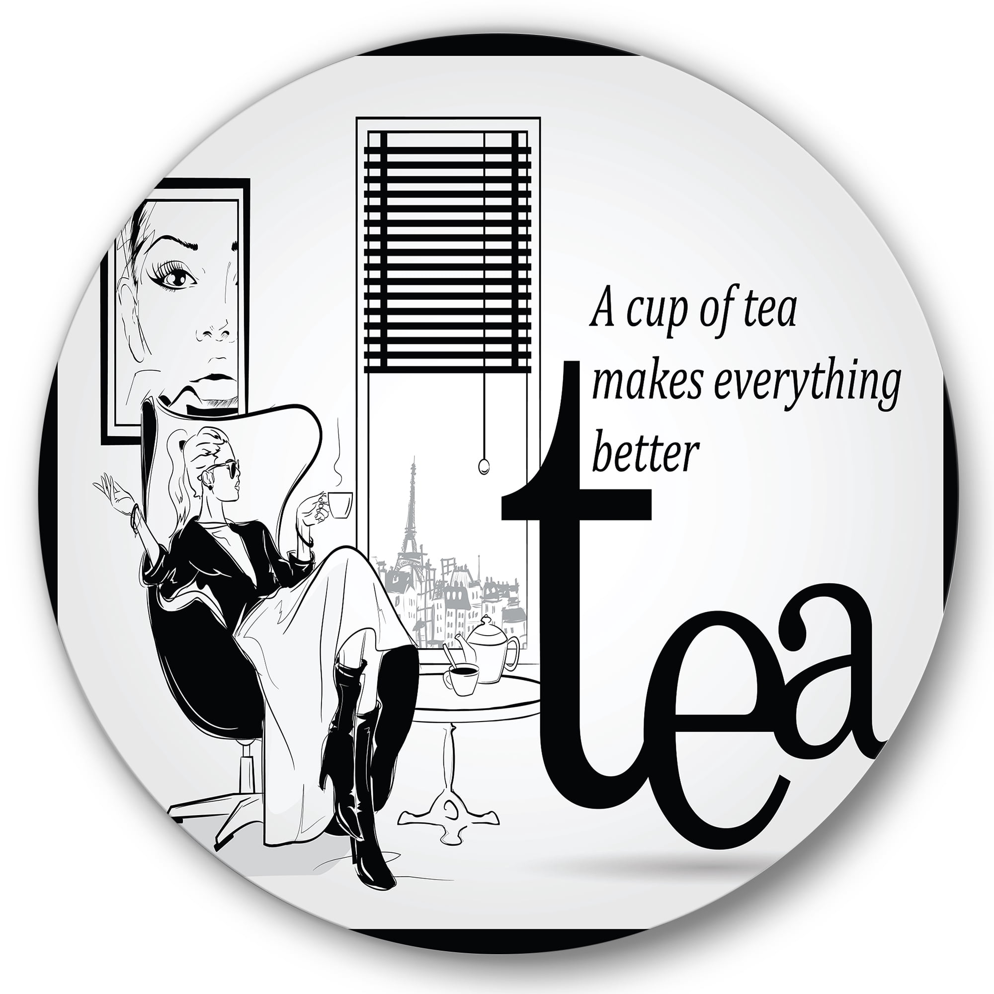 Designart 'Ancient Fashion Girl Drinking A Cup Of Tea' Vintage Circle Metal Wall Art 36x36 - Disc of 36