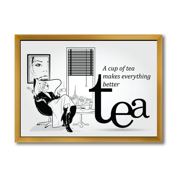 Designart 'Ancient Fashion Girl Drinking A Cup Of Tea' Vintage Framed Art Print