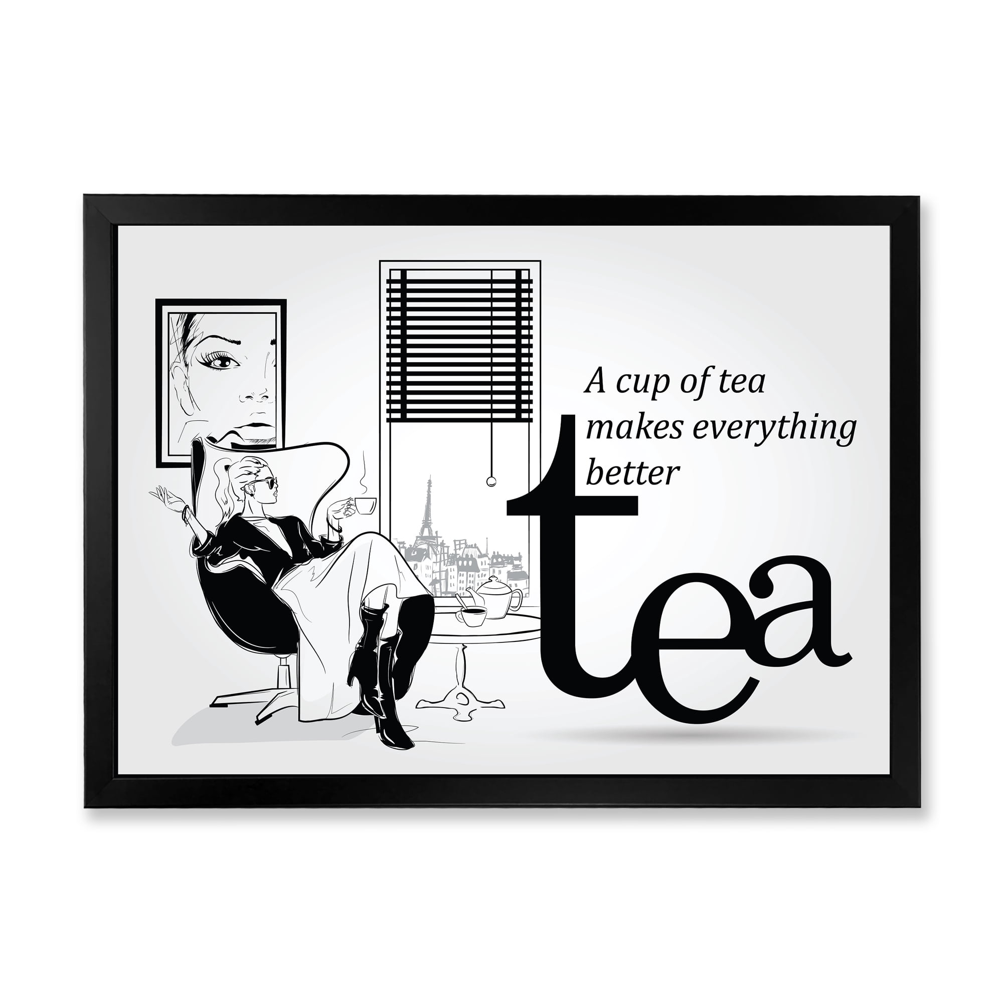 Designart 'Ancient Fashion Girl Drinking A Cup Of Tea' Vintage Framed Art Print