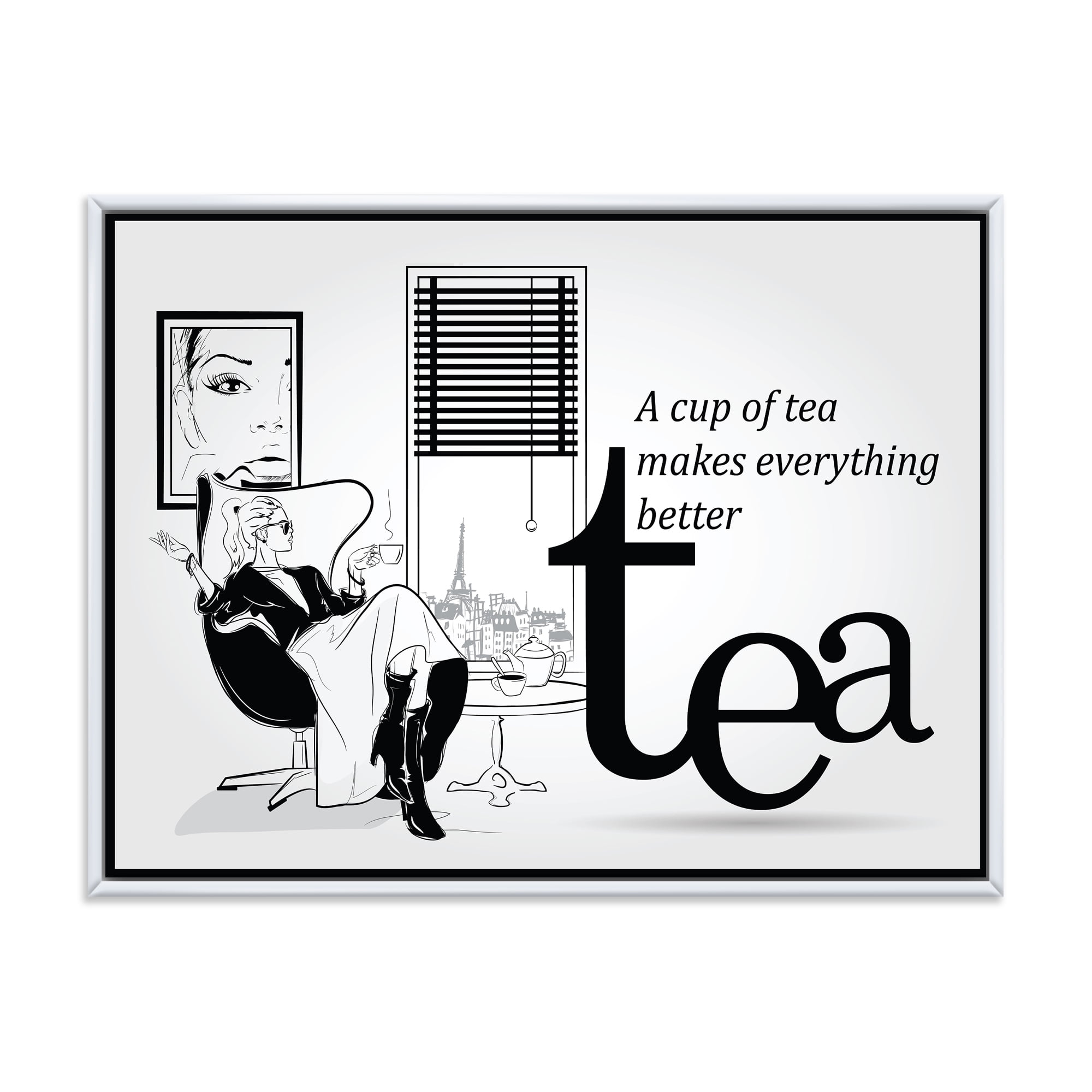 Designart 'Ancient Fashion Girl Drinking A Cup Of Tea' Vintage Framed Canvas Wall Art Print