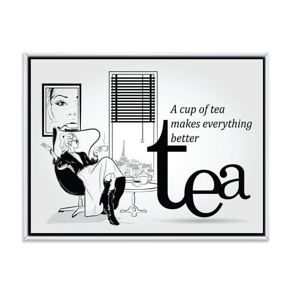 Designart 'Ancient Fashion Girl Drinking A Cup Of Tea' Vintage Framed Canvas Wall Art Print