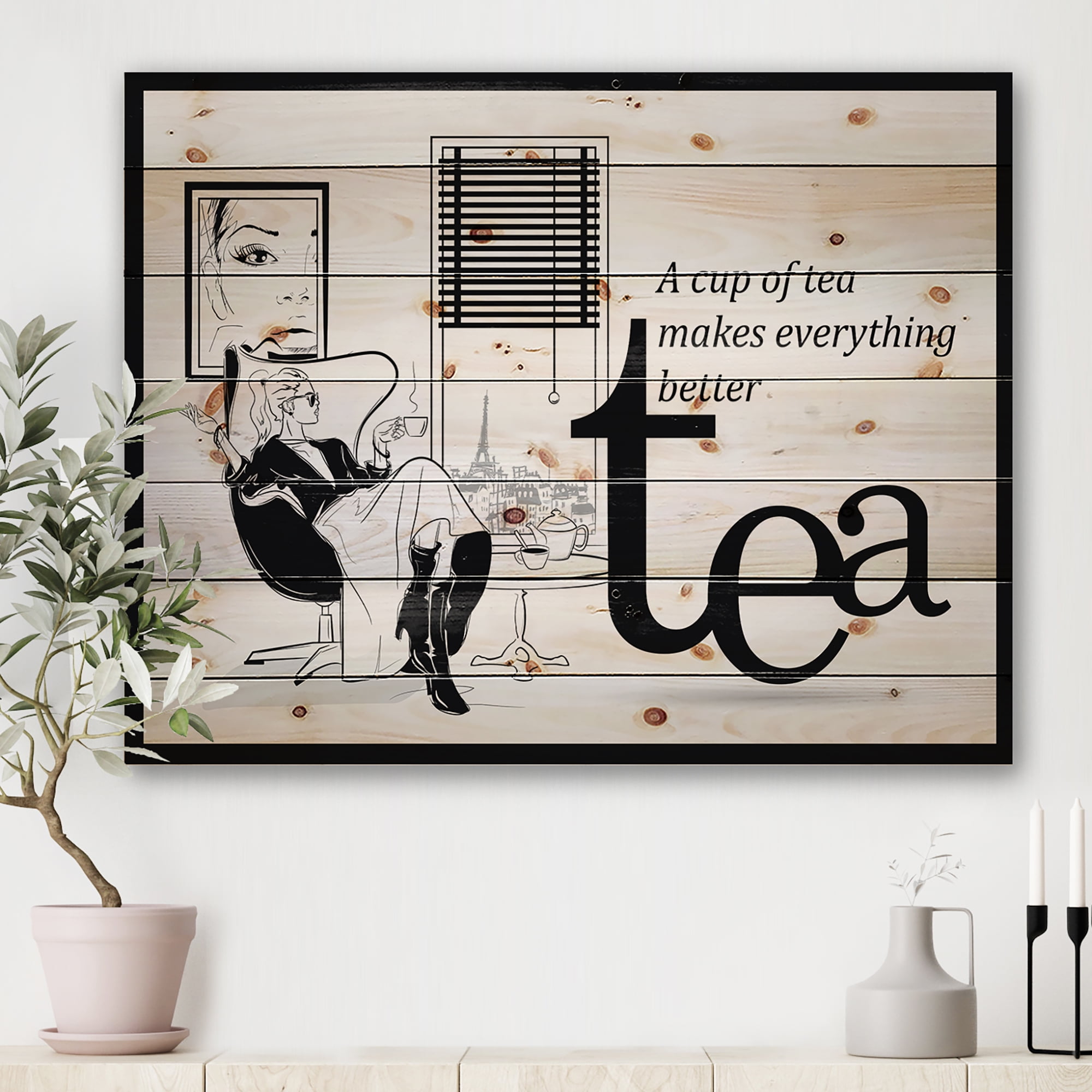 Designart 'Ancient Fashion Girl Drinking A Cup Of Tea' Vintage Print on Natural Pine Wood