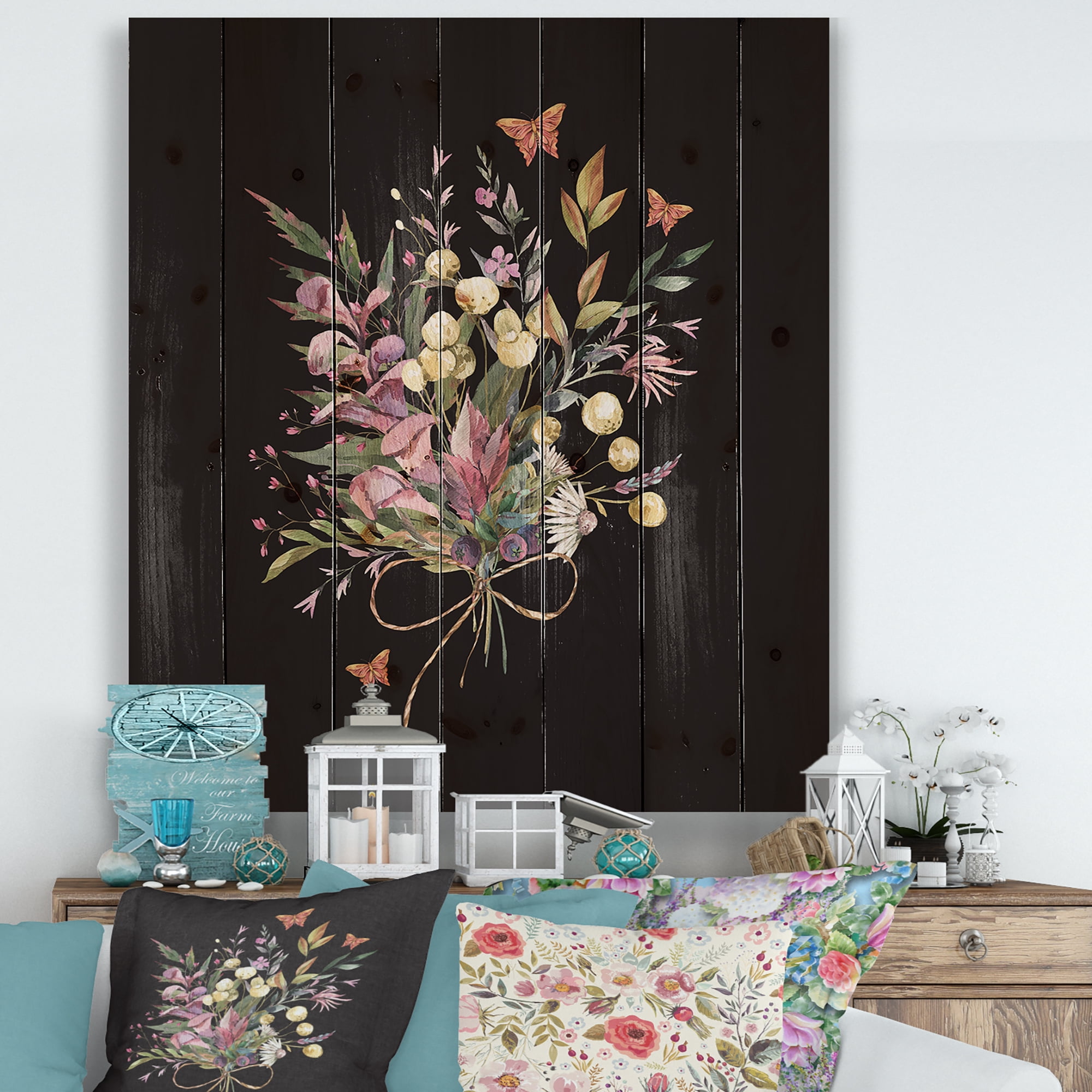 Designart 'Ancient Floral Summer Wildflowers Arrangement' Traditional Print on Natural Pine Wood