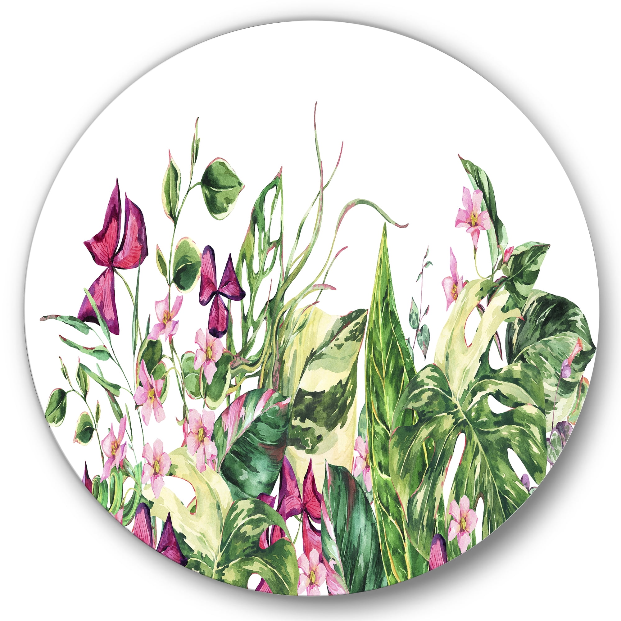 Designart 'Ancient Floral Tropical Leaves I' Tropical Circle Metal Wall Art 29x29 - Disc of 29