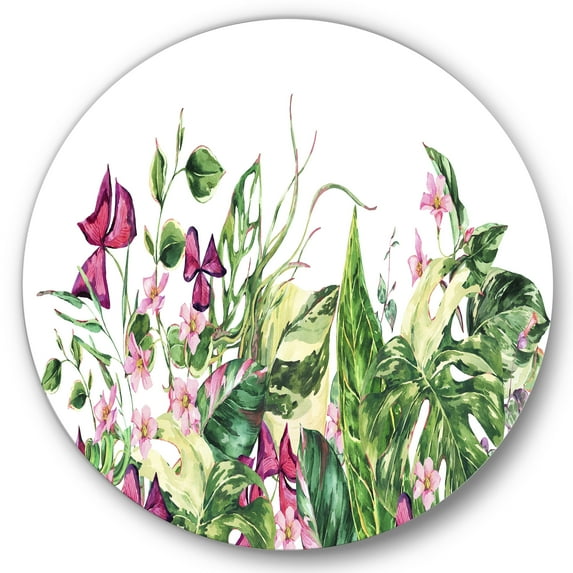 Designart 'Ancient Floral Tropical Leaves I' Tropical Circle Metal Wall Art 29x29 - Disc of 29